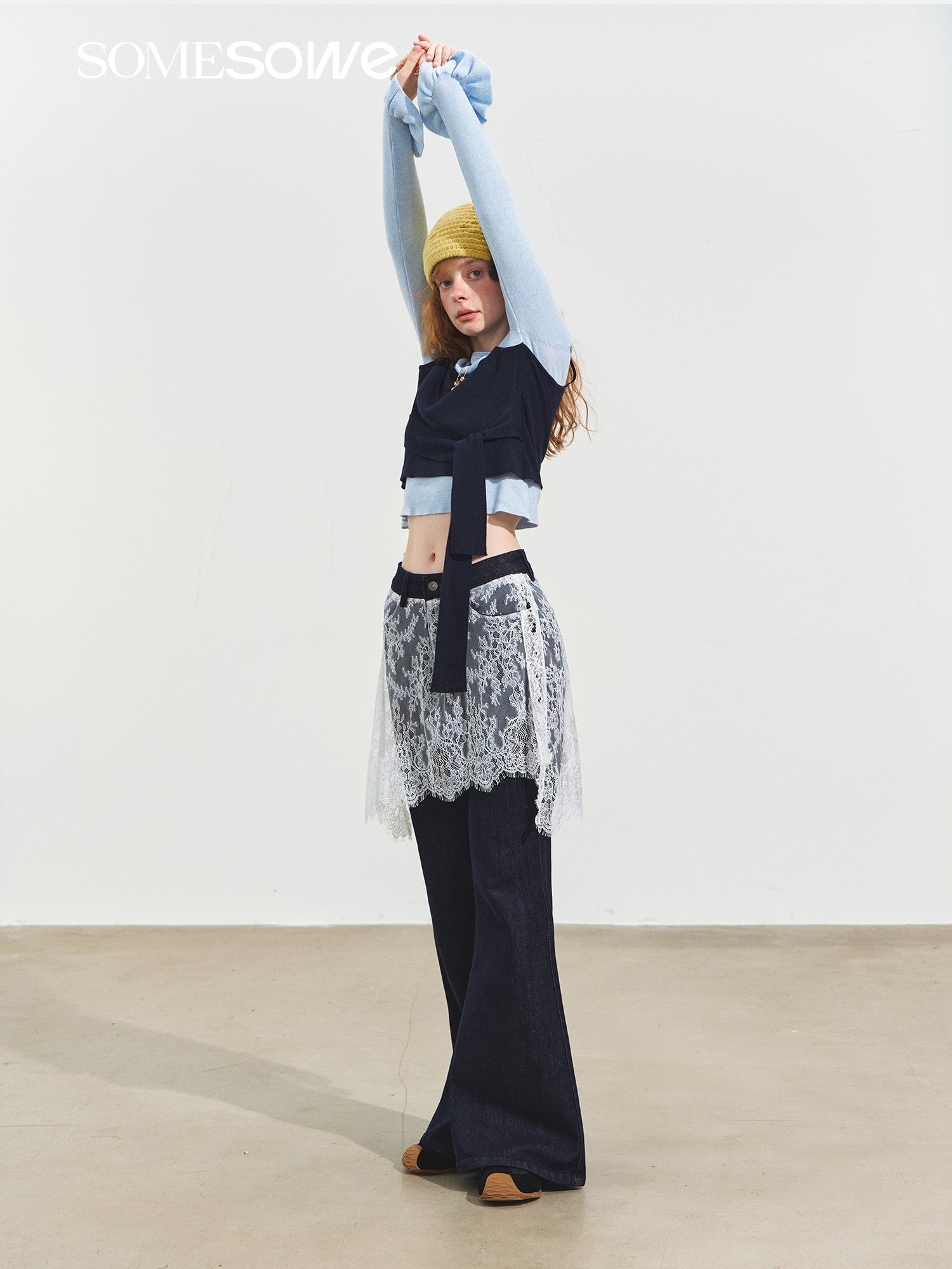 SOMESOWE Fake Two - piece Contrast Color Crew Neck Lace - up Sweater In Blue | MADAX