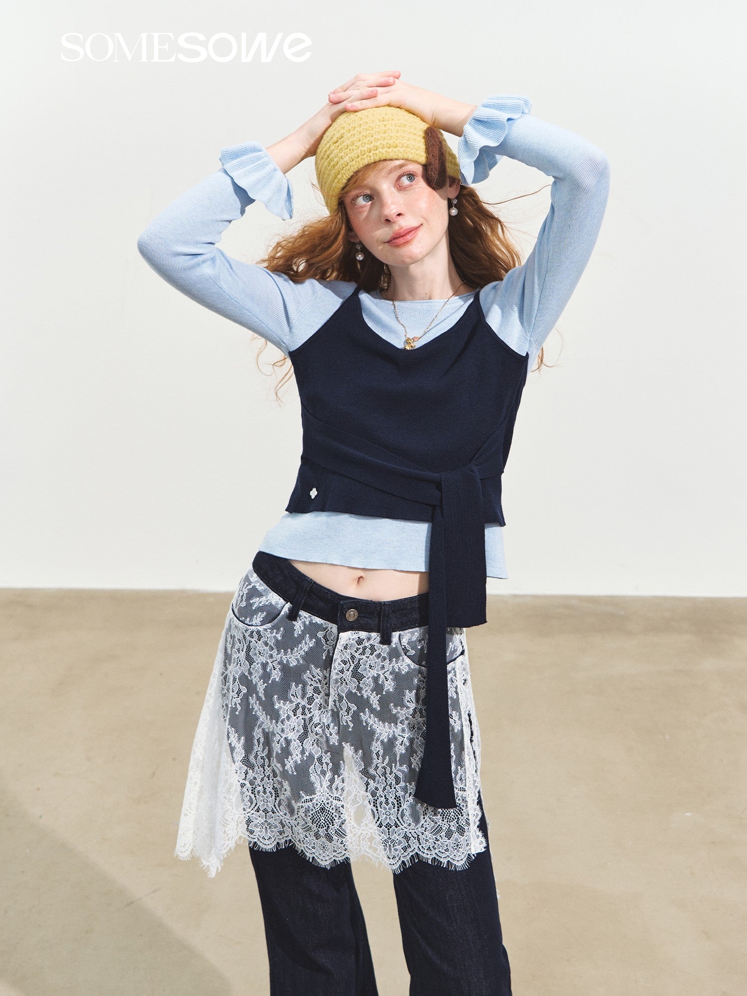 SOMESOWE Fake Two - piece Contrast Color Crew Neck Lace - up Sweater In Blue | MADAX