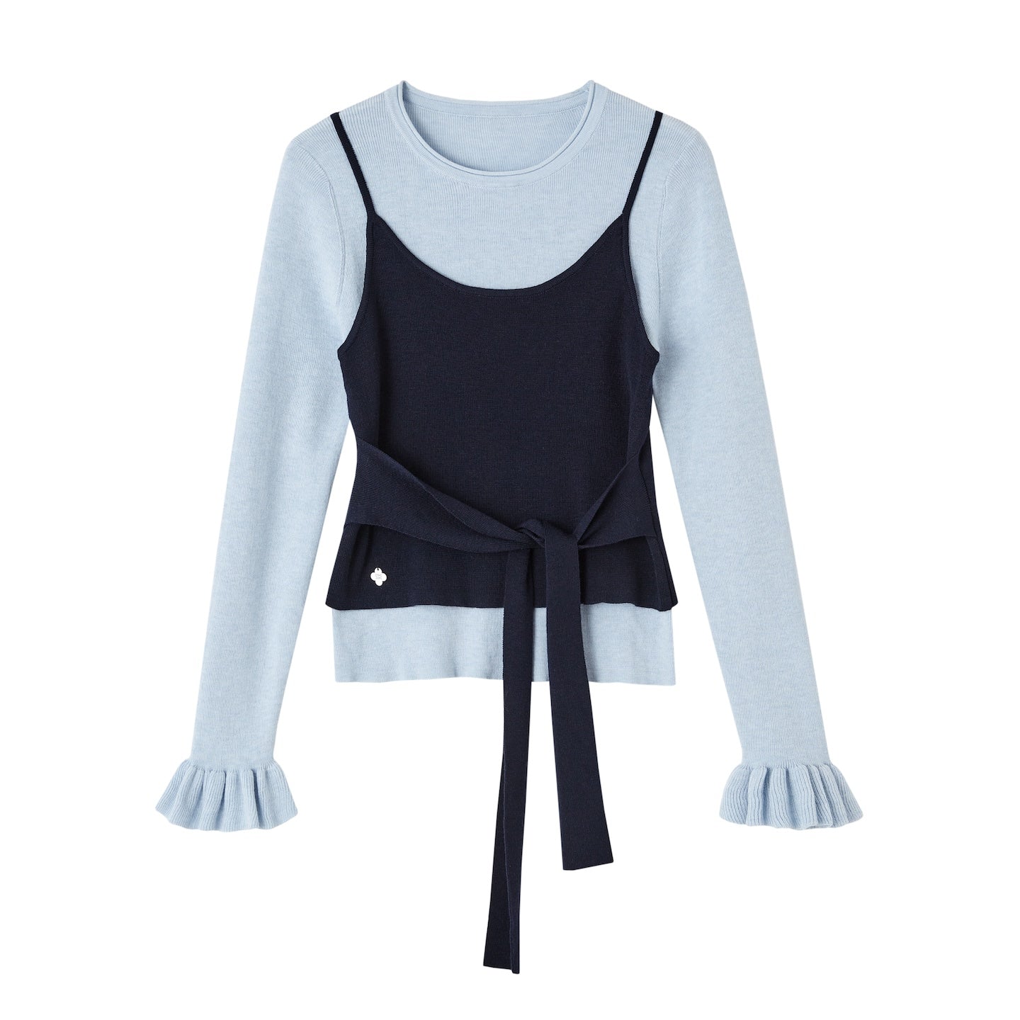 SOMESOWE Fake Two - piece Contrast Color Crew Neck Lace - up Sweater In Blue | MADAX