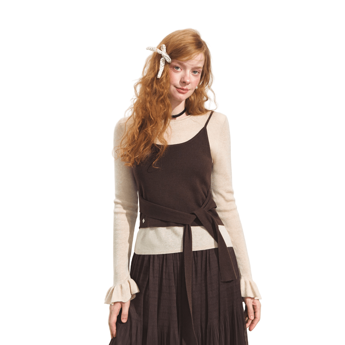 SOMESOWE Fake Two - piece Contrast Color Round Neck Lace - up Sweater In Brown | MADAX