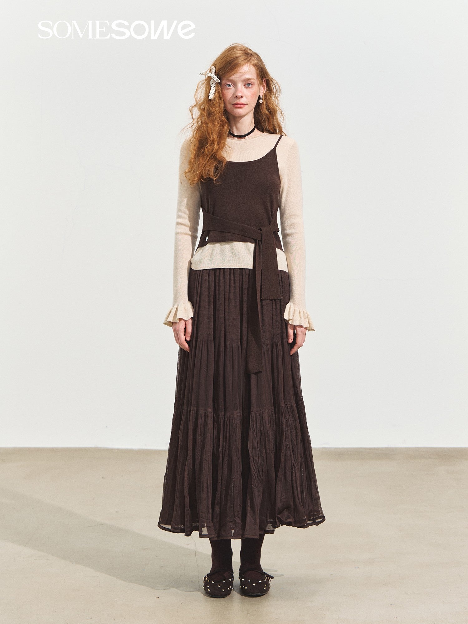 SOMESOWE Fake Two - piece Contrast Color Round Neck Lace - up Sweater In Brown | MADAX