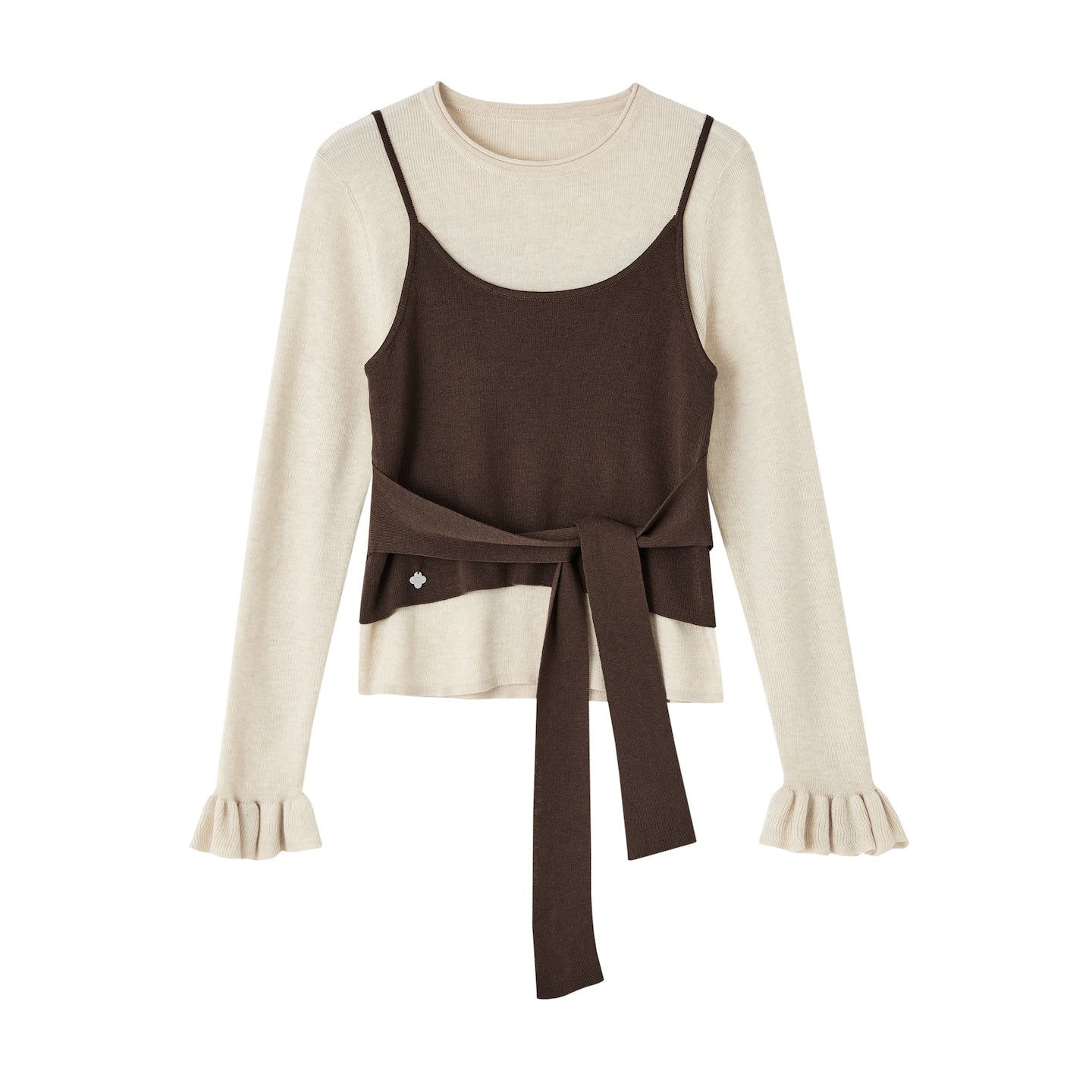 SOMESOWE Fake Two - piece Contrast Color Round Neck Lace - up Sweater In Brown | MADAX