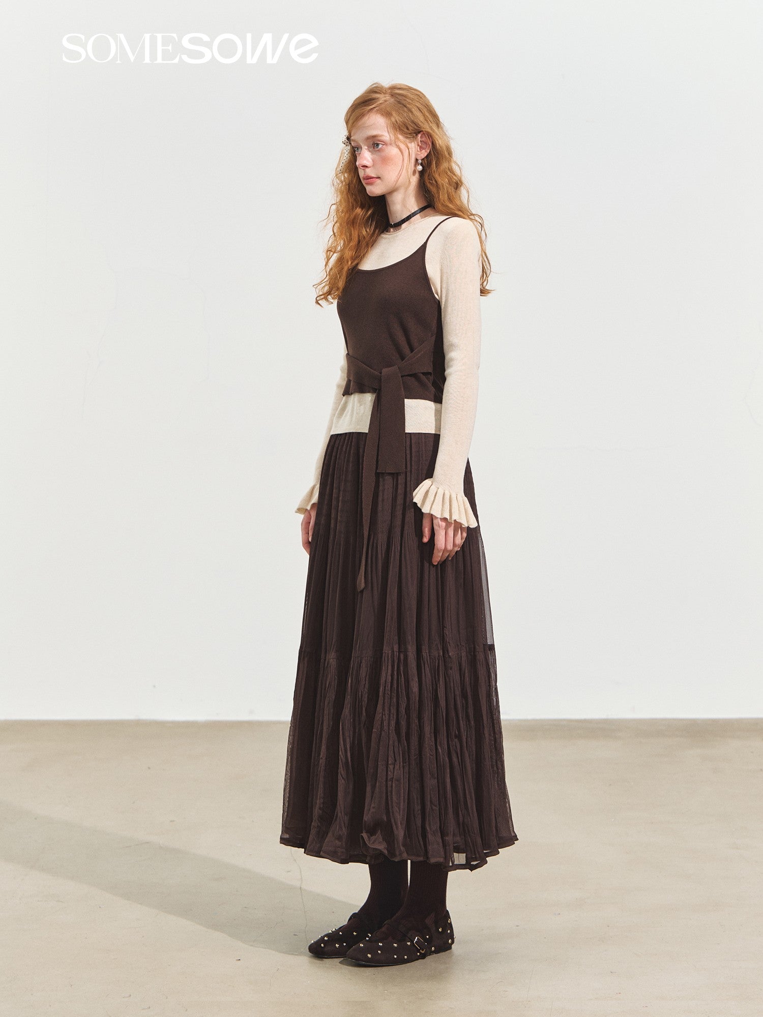 SOMESOWE Fake Two - piece Contrast Color Round Neck Lace - up Sweater In Brown | MADAX