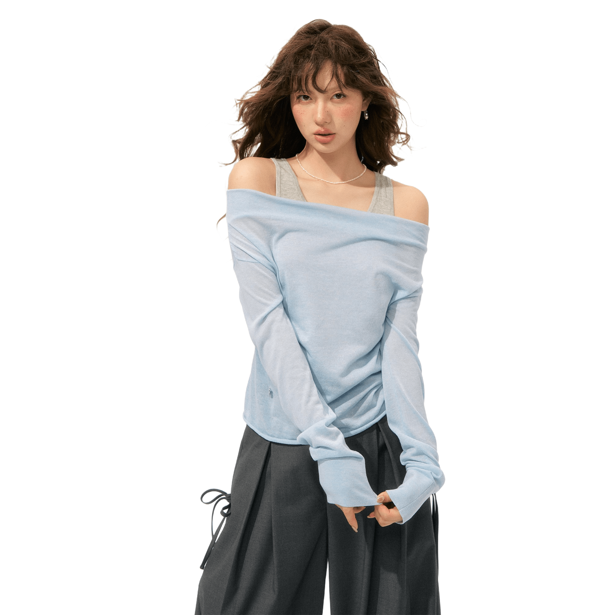 SOMESOWE Fake Two - piece Contrasting Collar Sweater In Light Blue | MADAX