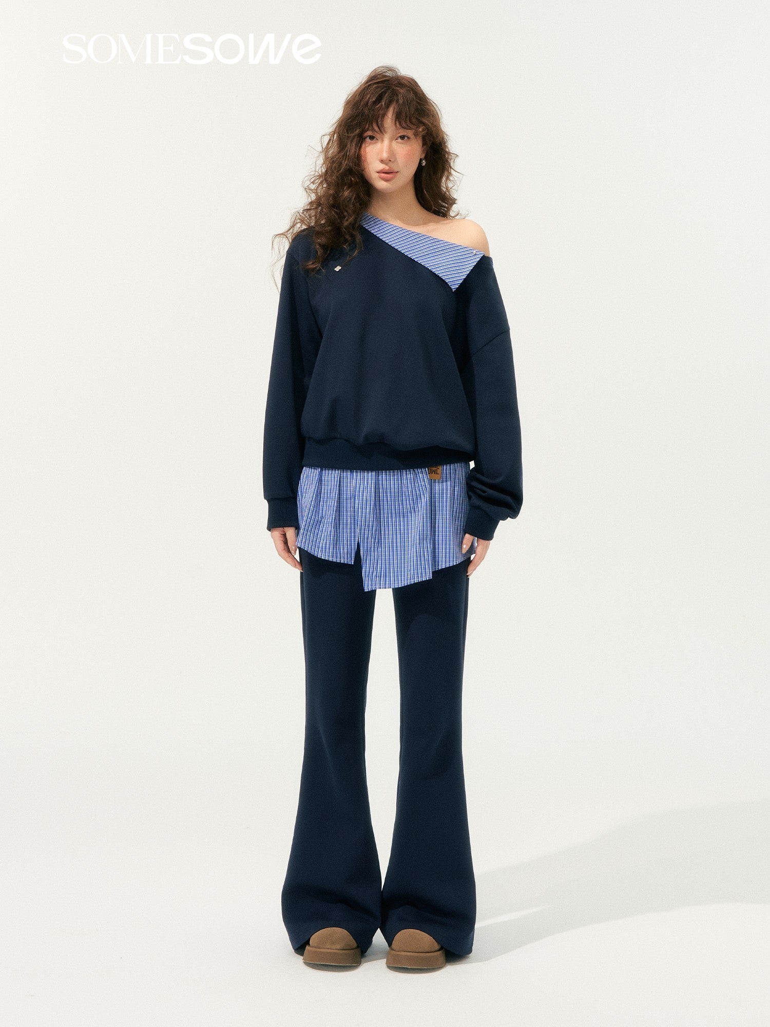 SOMESOWE Fake Two - piece Flared Sweatpants In Navy Blue | MADAX