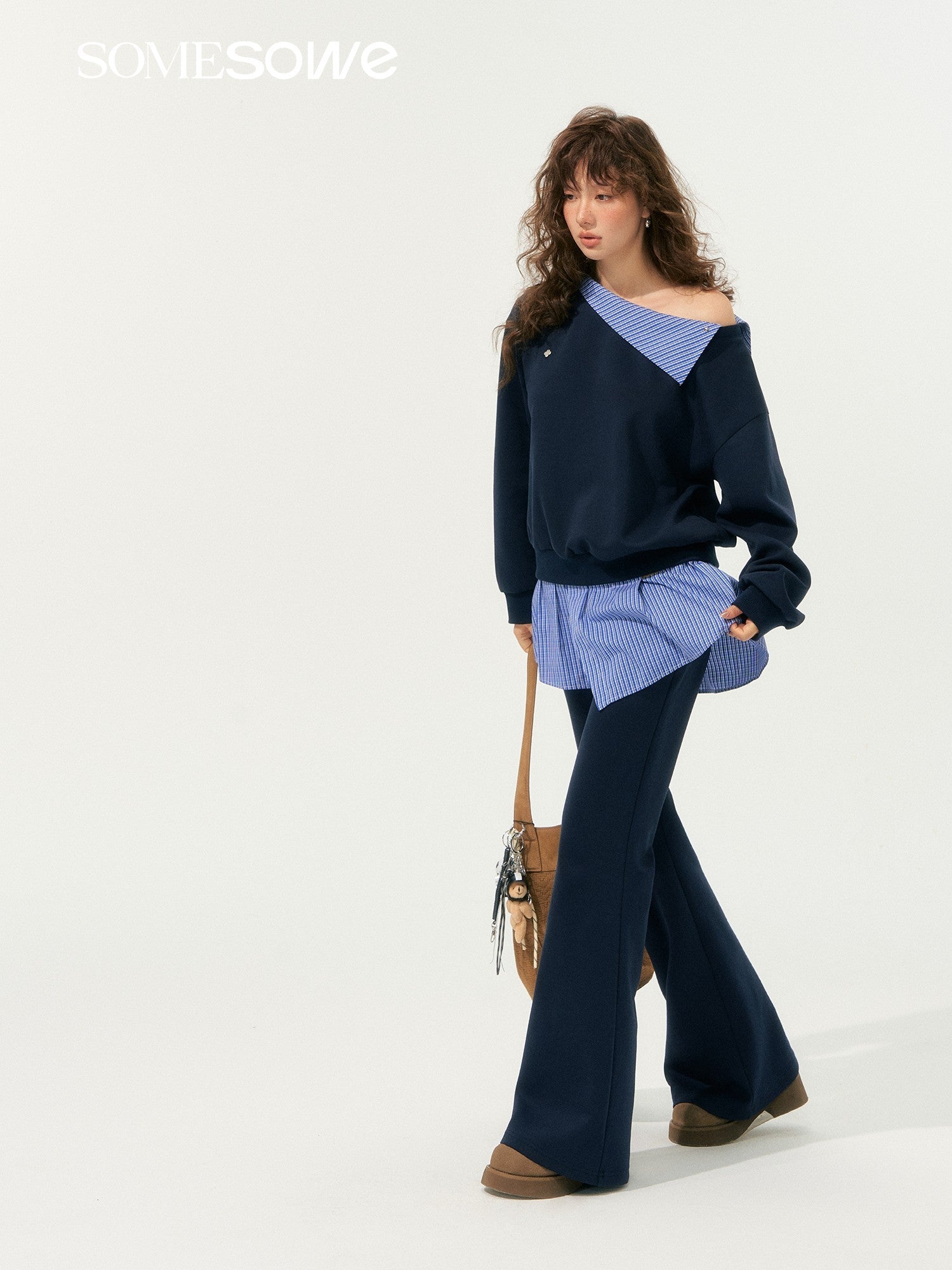 SOMESOWE Fake Two - piece Flared Sweatpants In Navy Blue | MADAX