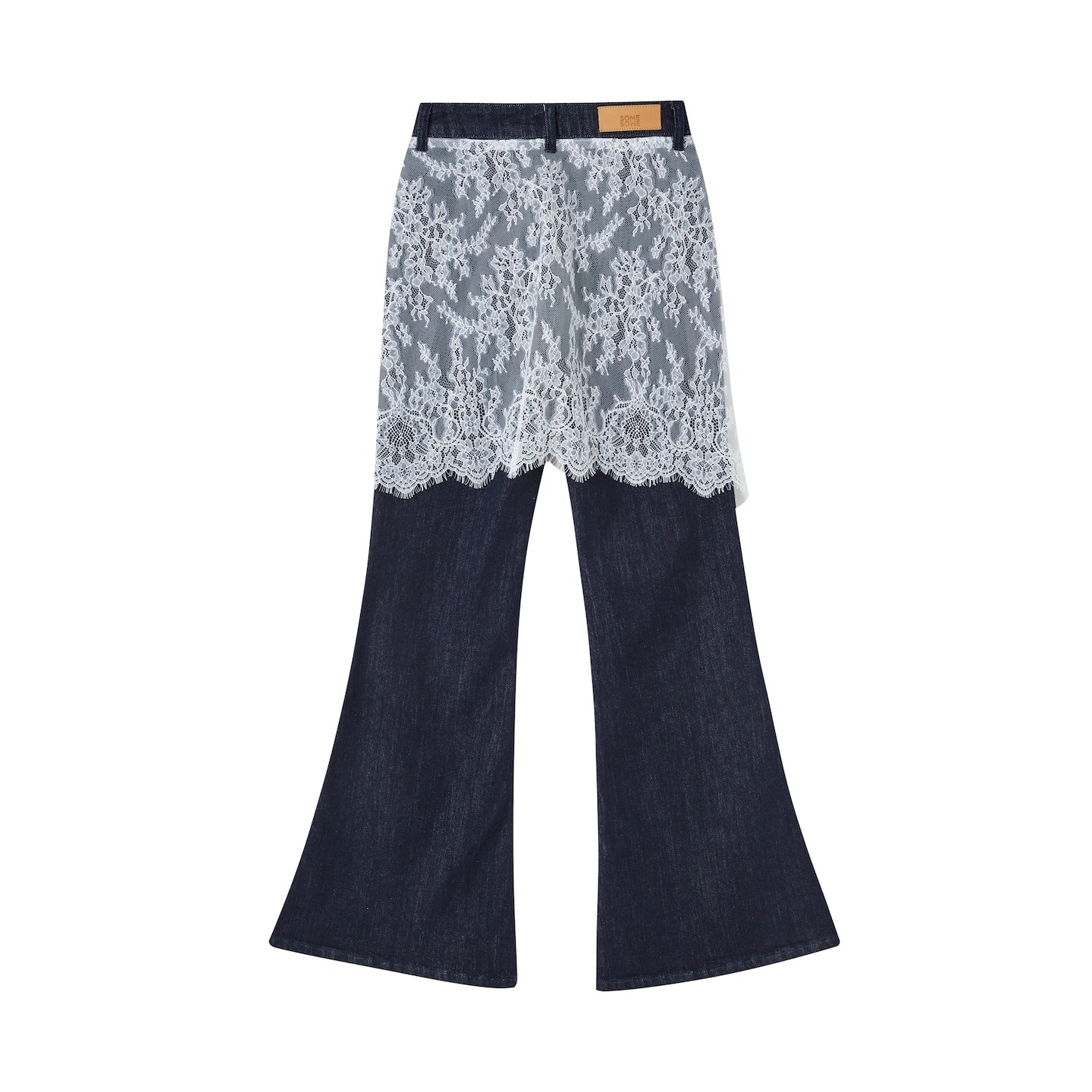SOMESOWE Fake Two - piece Lace Curtain Flared Jeans In Dark Blue | MADAX