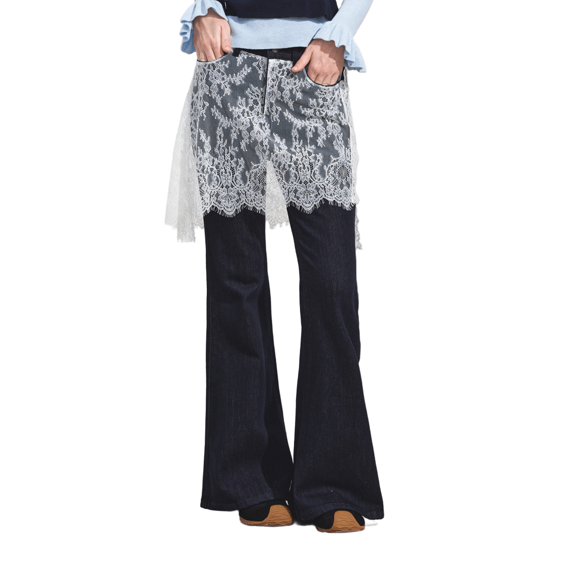 SOMESOWE Fake Two - piece Lace Curtain Flared Jeans In Dark Blue | MADAX