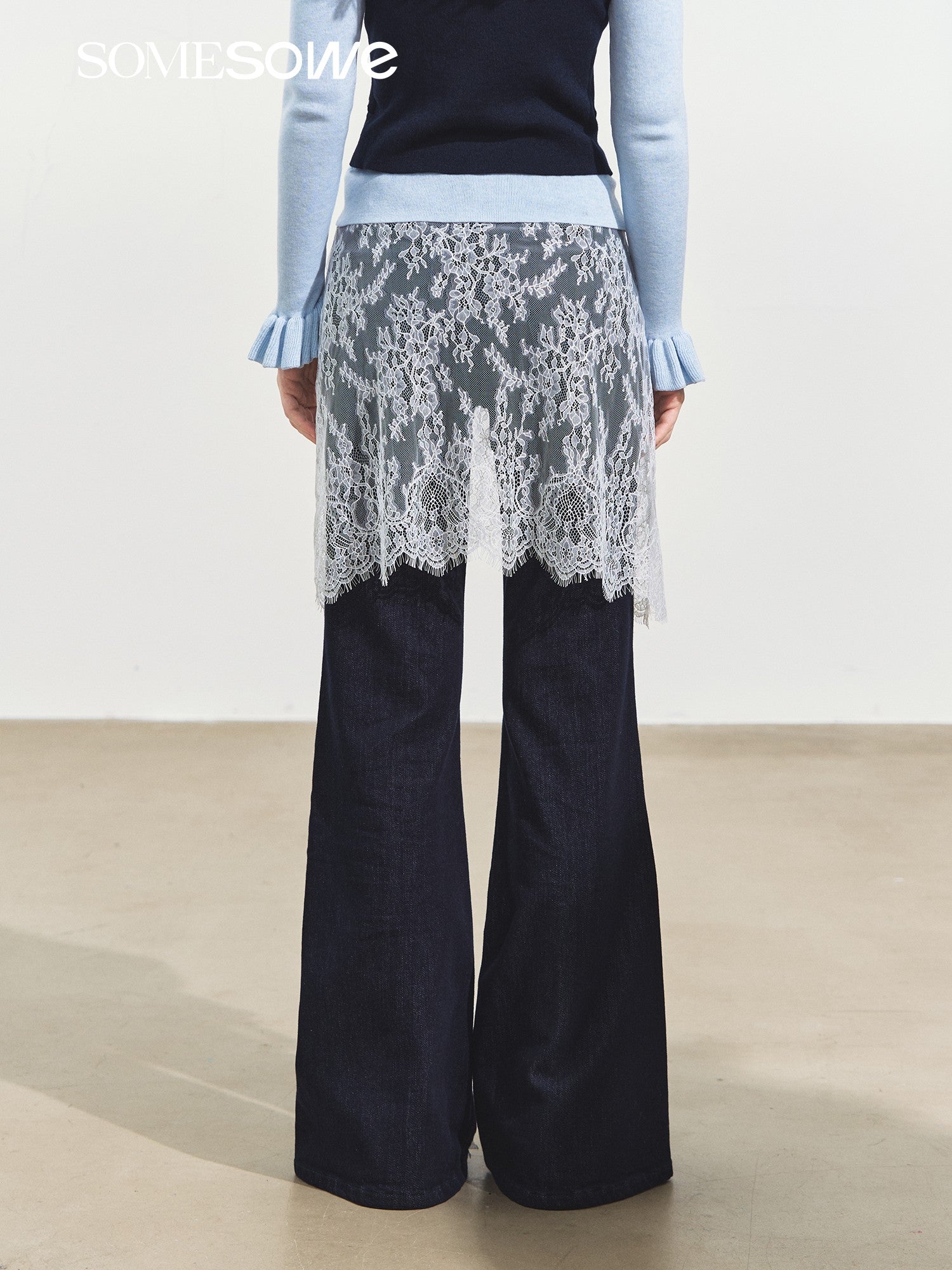 SOMESOWE Fake Two - piece Lace Curtain Flared Jeans In Dark Blue | MADAX