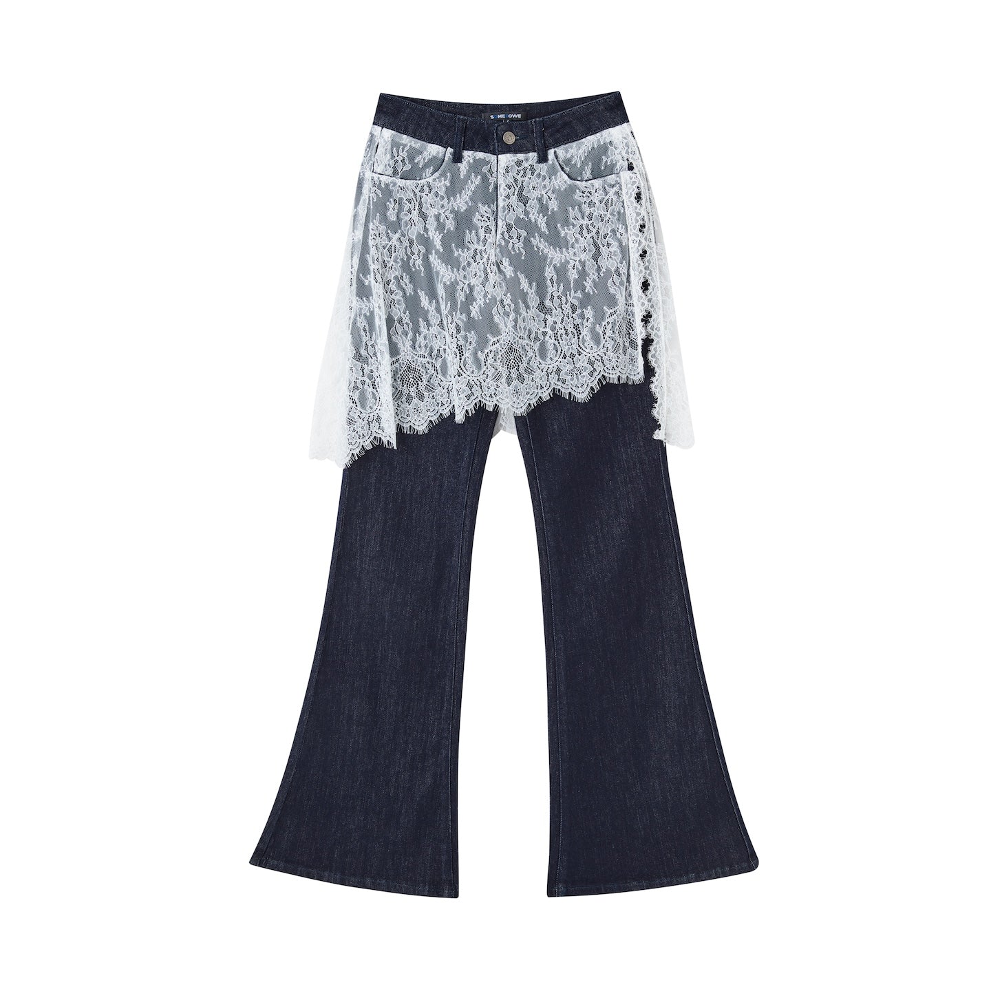 SOMESOWE Fake Two - piece Lace Curtain Flared Jeans In Dark Blue | MADAX