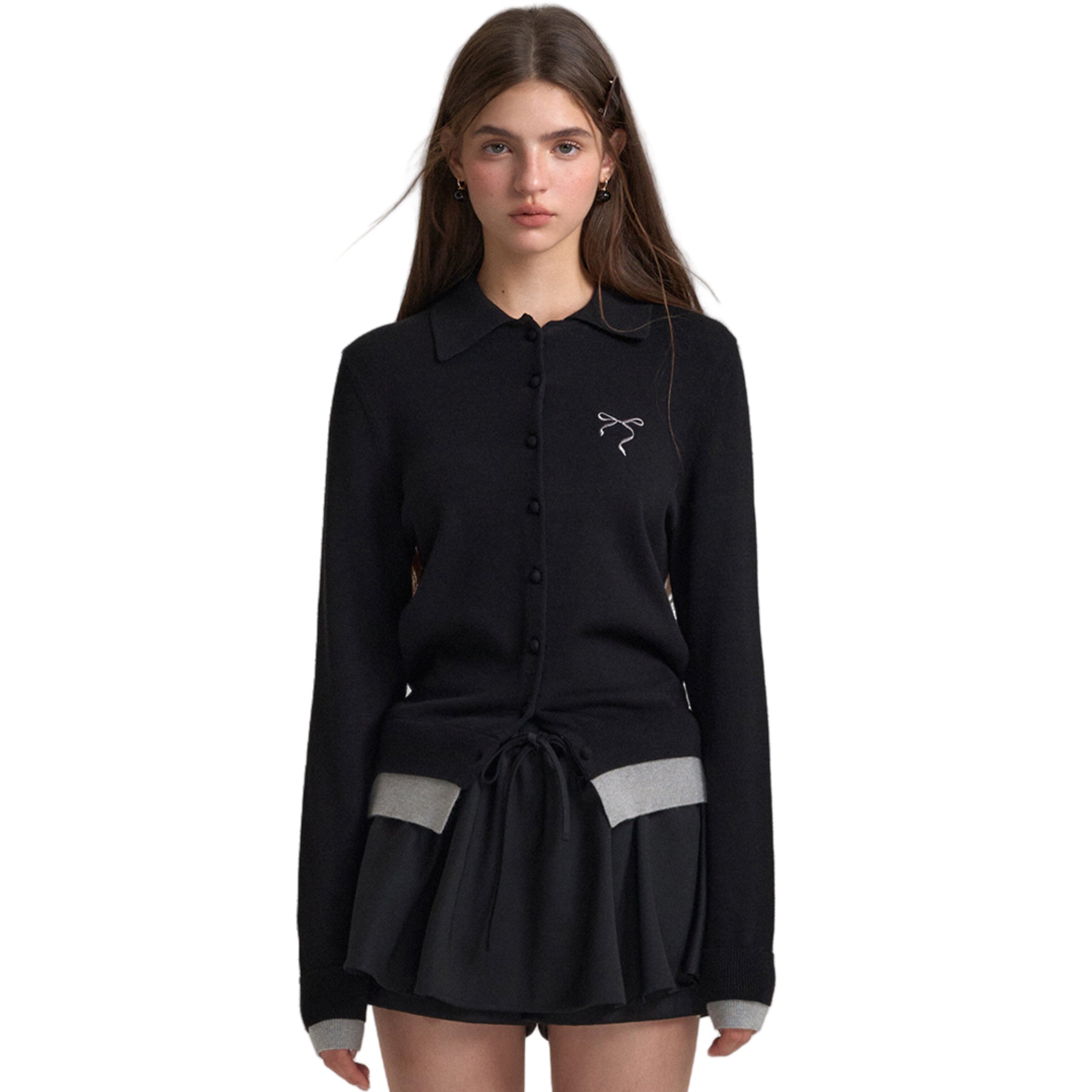 SOMESOWE Fake Two - piece Polo Collar Cardigan In Black | MADAX