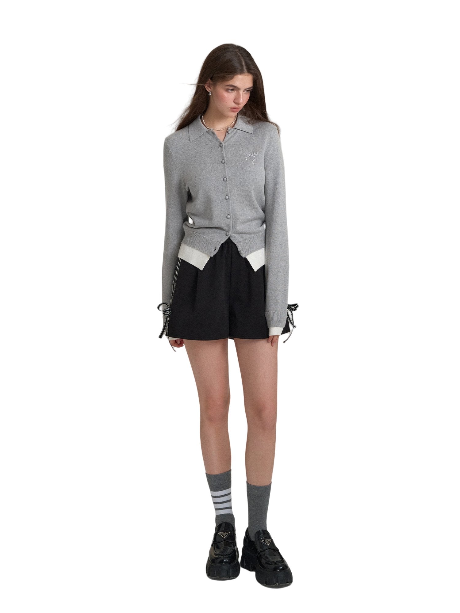 SOMESOWE Fake Two - piece Polo Collar Cardigan In Gray | MADAX