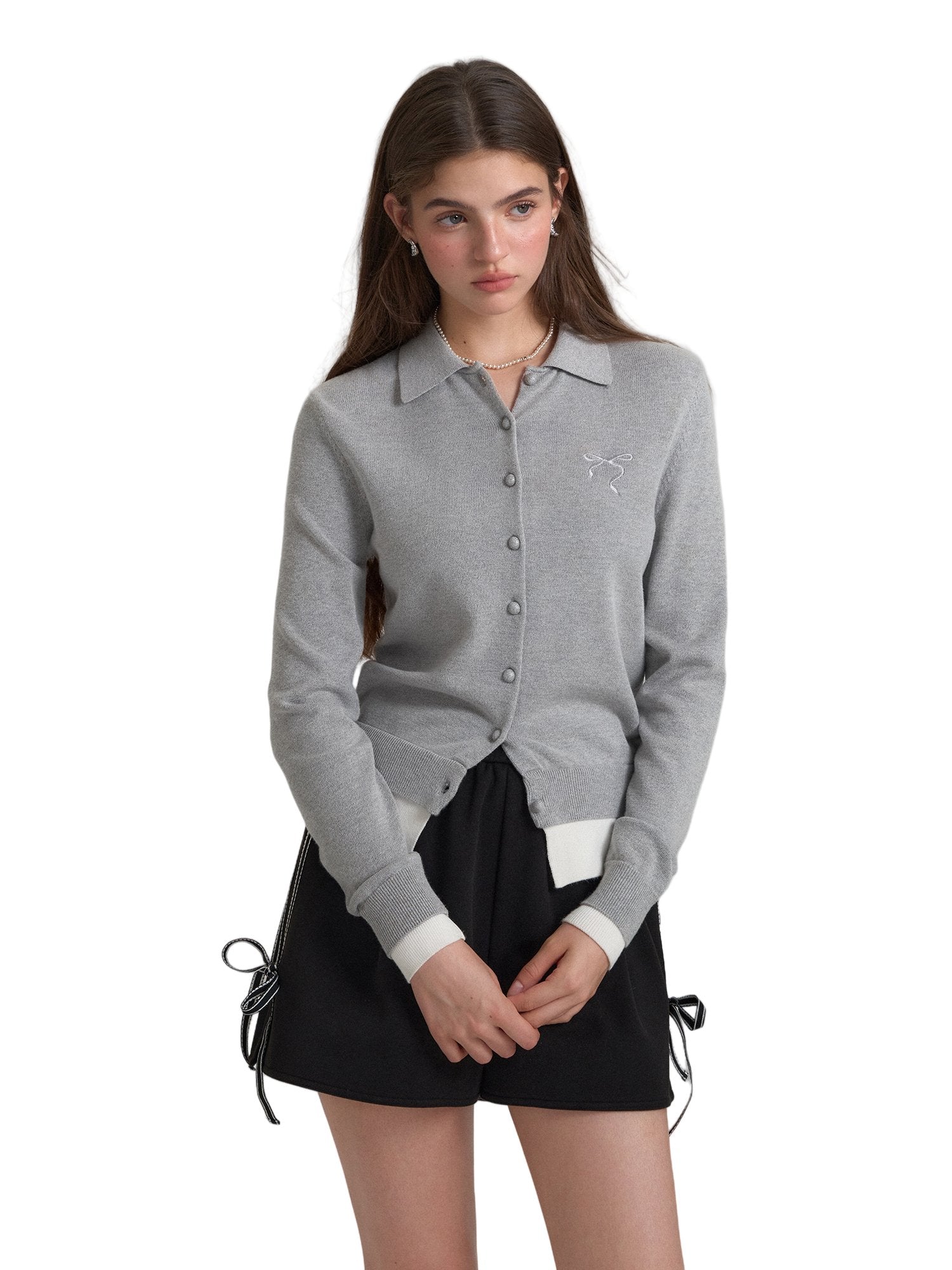 SOMESOWE Fake Two - piece Polo Collar Cardigan In Gray | MADAX