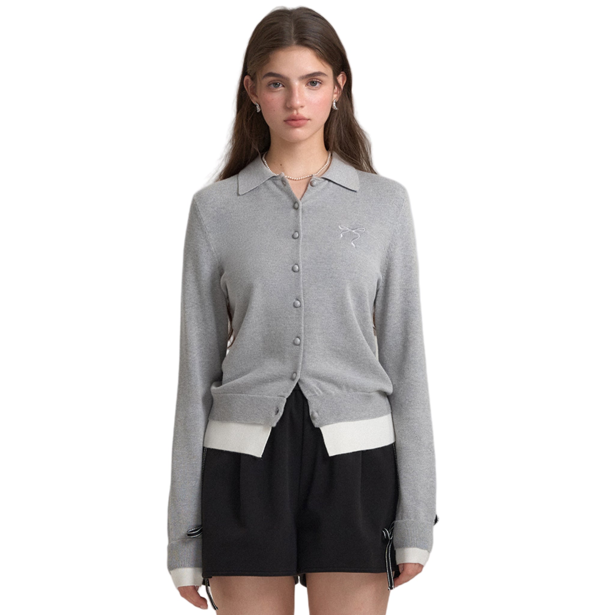 SOMESOWE Fake Two - piece Polo Collar Cardigan In Gray | MADAX