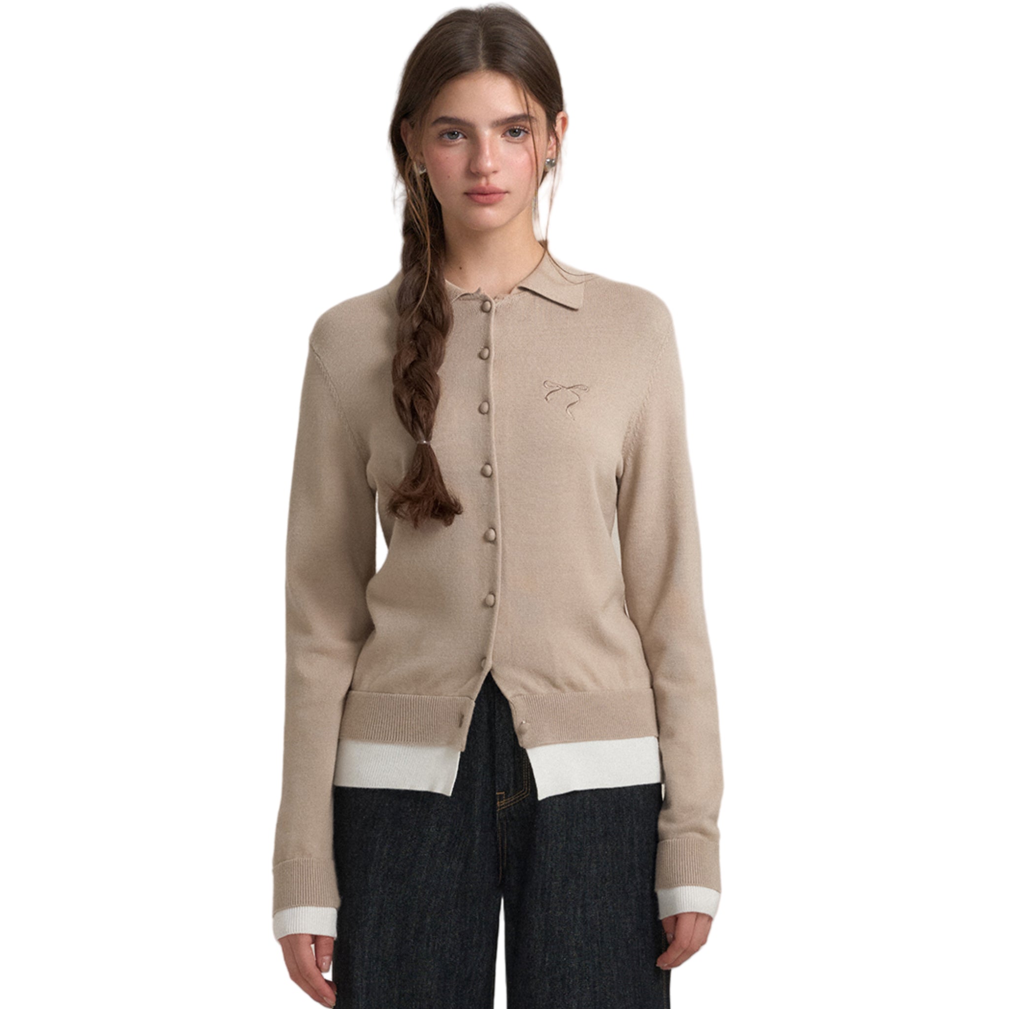 SOMESOWE Fake Two - piece Polo Collar Cardigan In Khaki | MADAX