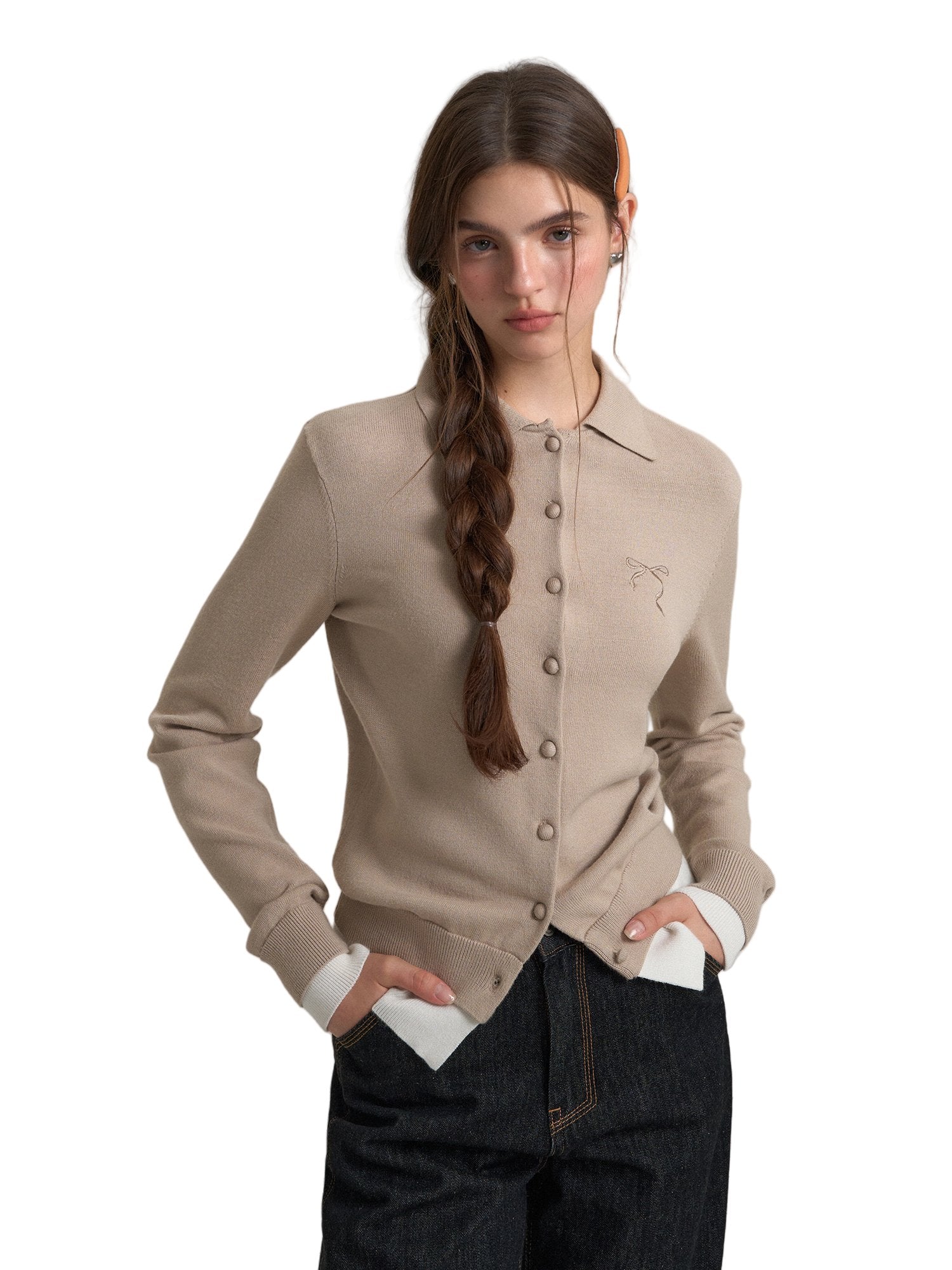 SOMESOWE Fake Two - piece Polo Collar Cardigan In Khaki | MADAX