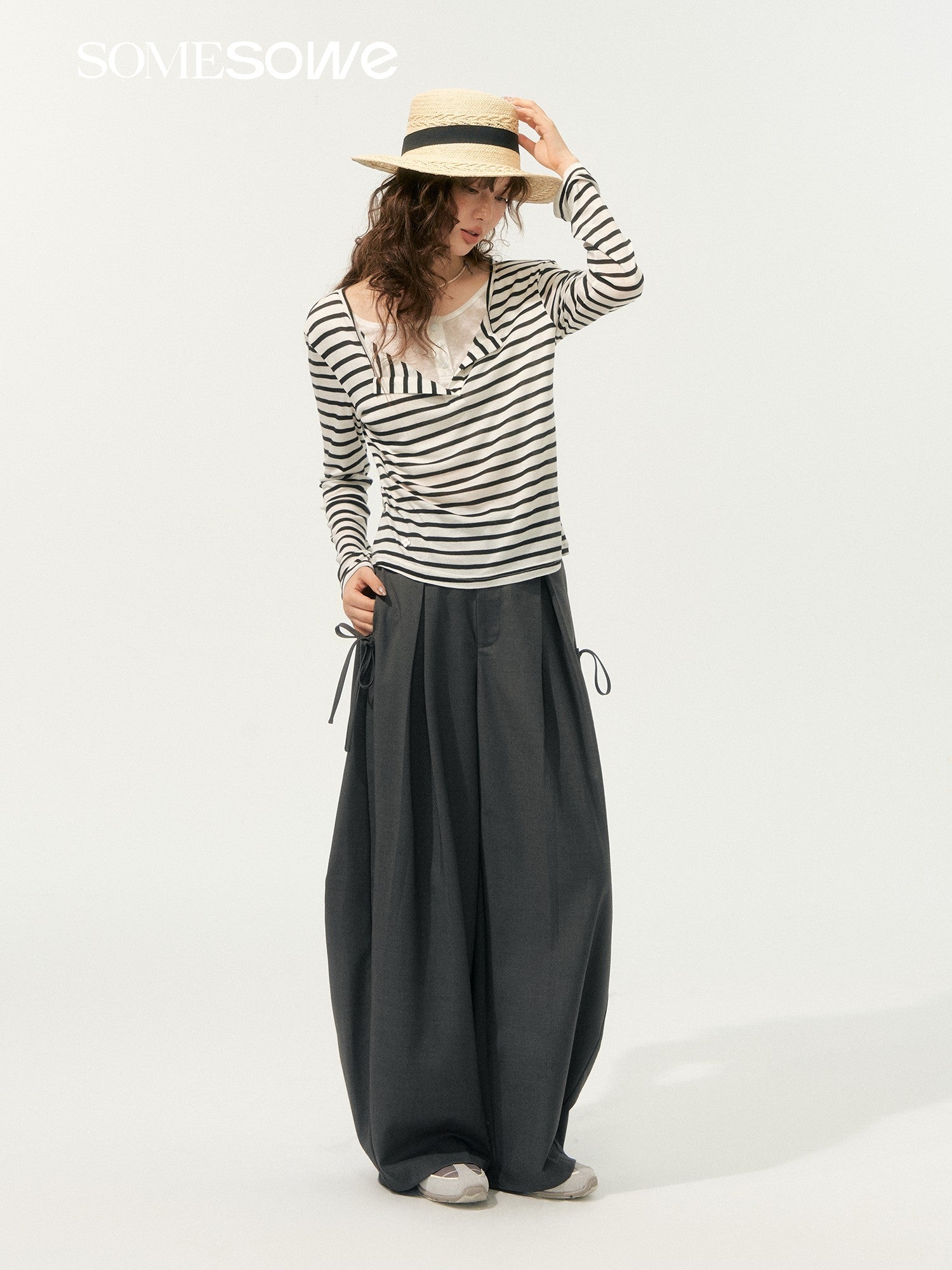 SOMESOWE Fake Two - piece Striped Long - sleeved T-shirt In Black And White | MADAX