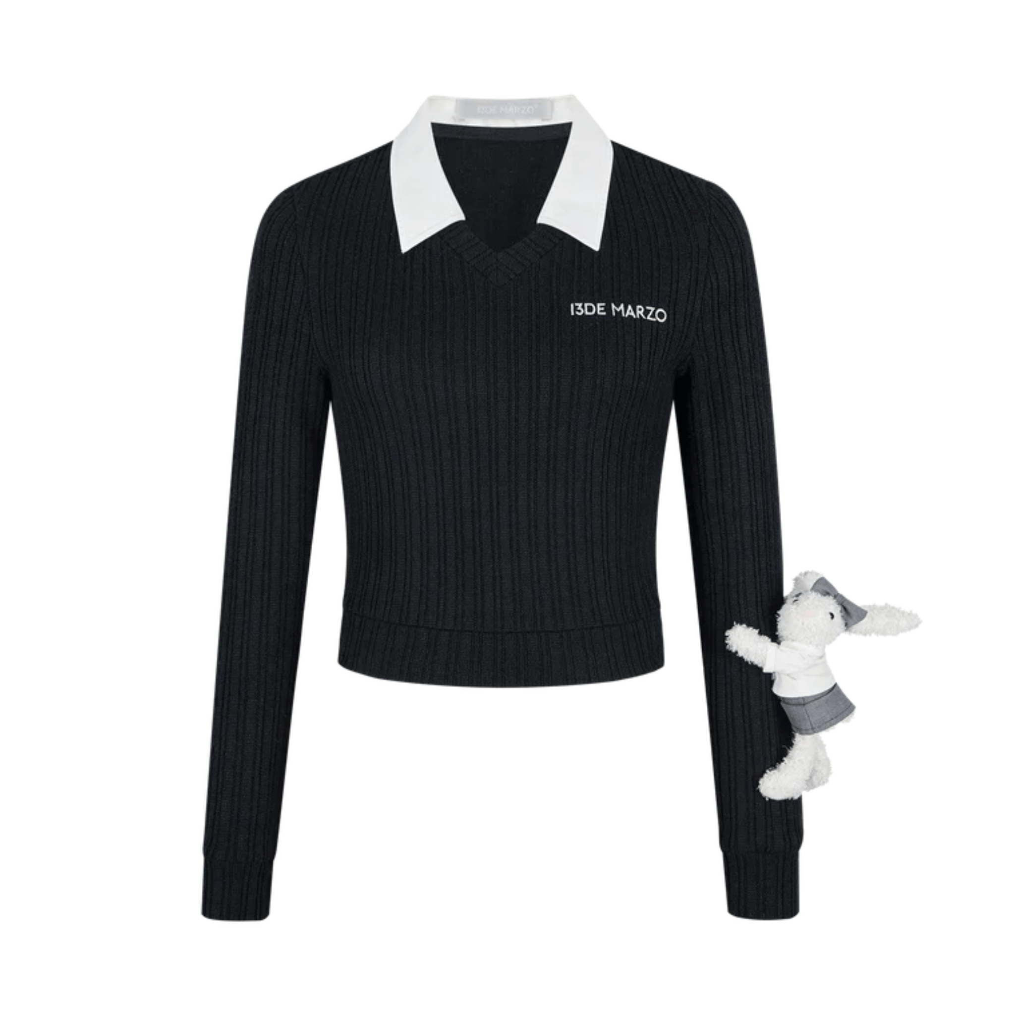 13DE MARZO Fake Two - piece V - neck Knitted Long Sleeve in Black | MADAX