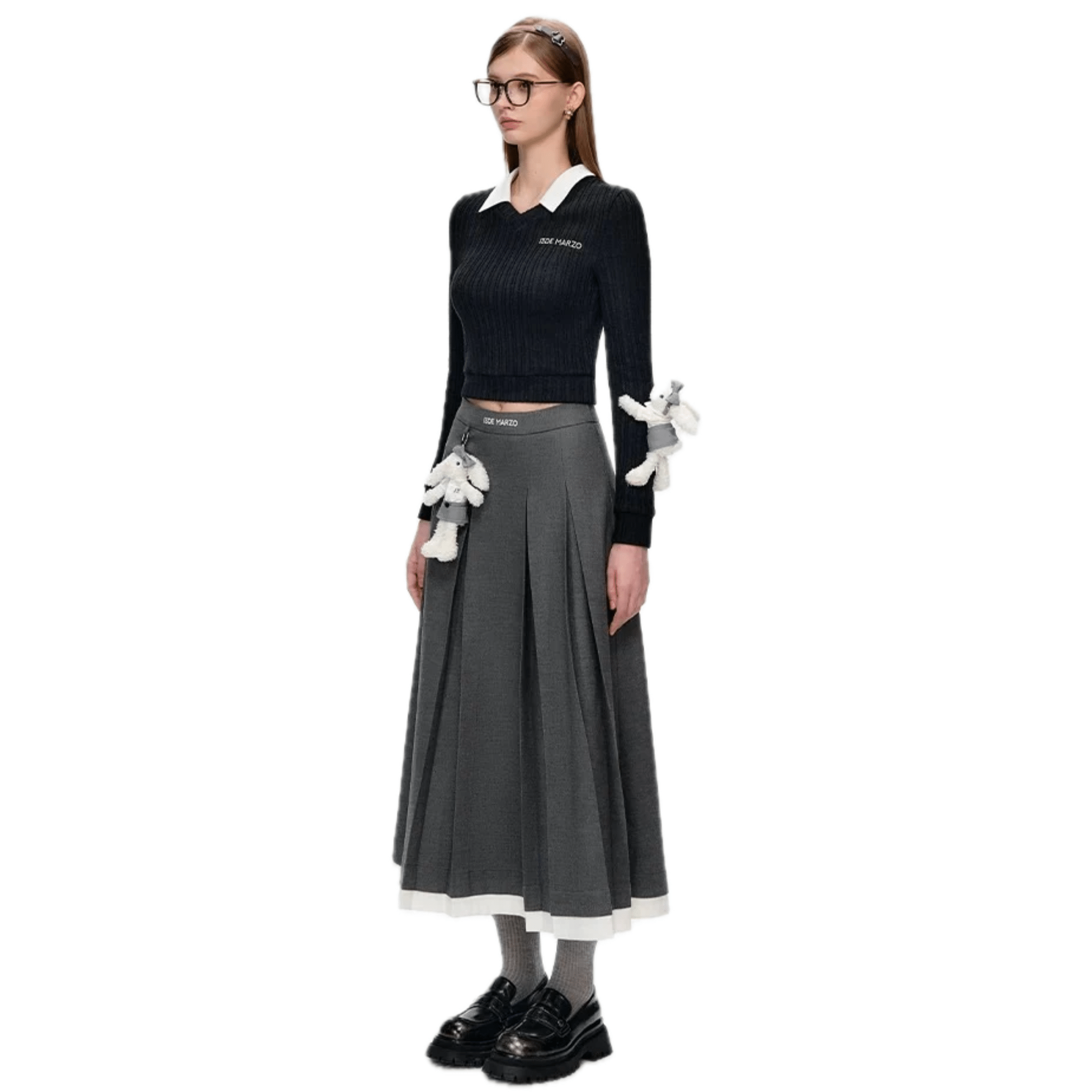 13DE MARZO Fake Two - piece V - neck Knitted Long Sleeve in Black | MADAX