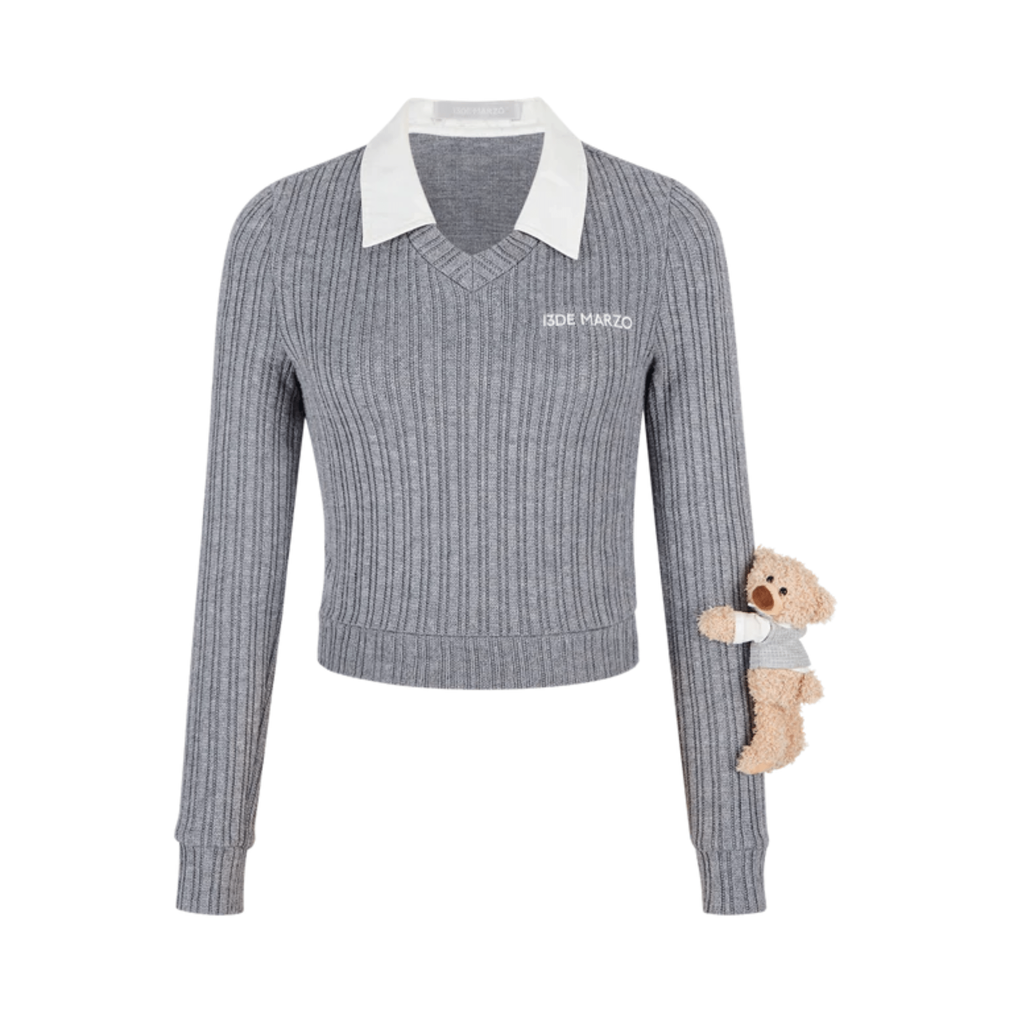 13DE MARZO Fake Two - piece V - neck Knitted Long - sleeved in Gray | MADAX