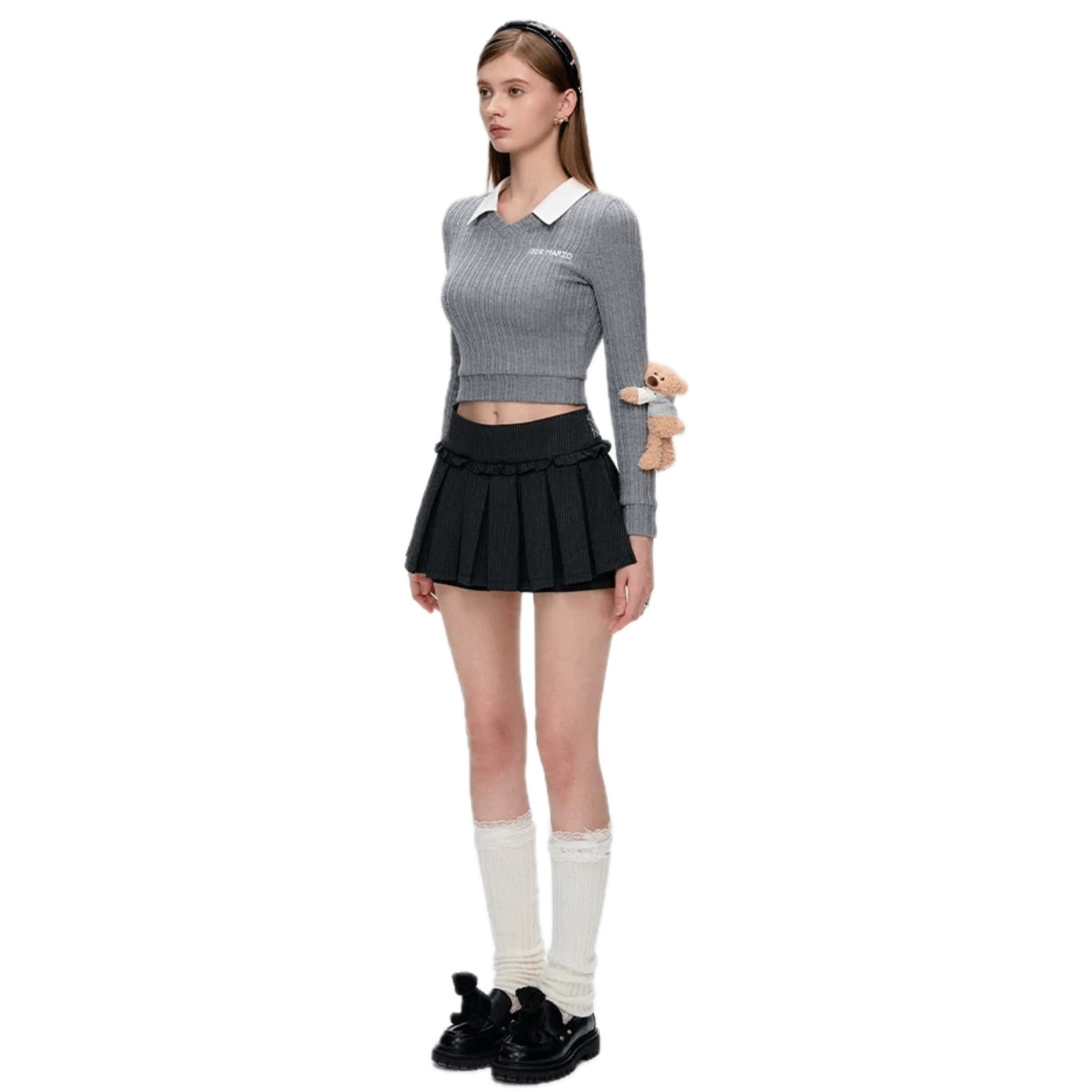 13DE MARZO Fake Two - piece V - neck Knitted Long - sleeved in Gray | MADAX