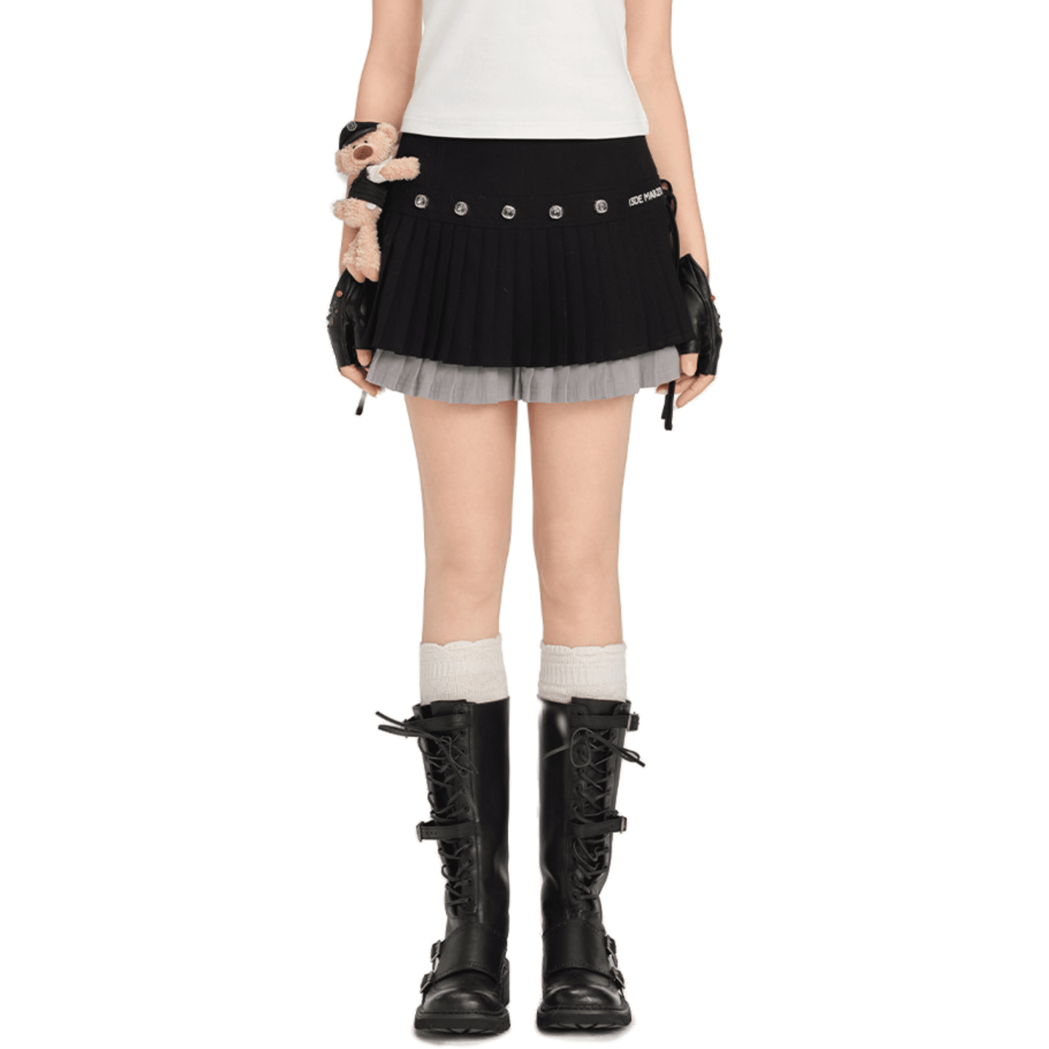 13DE MARZO Faux Rhinestones Double - layer Pleated Skirt in Black | MADAX