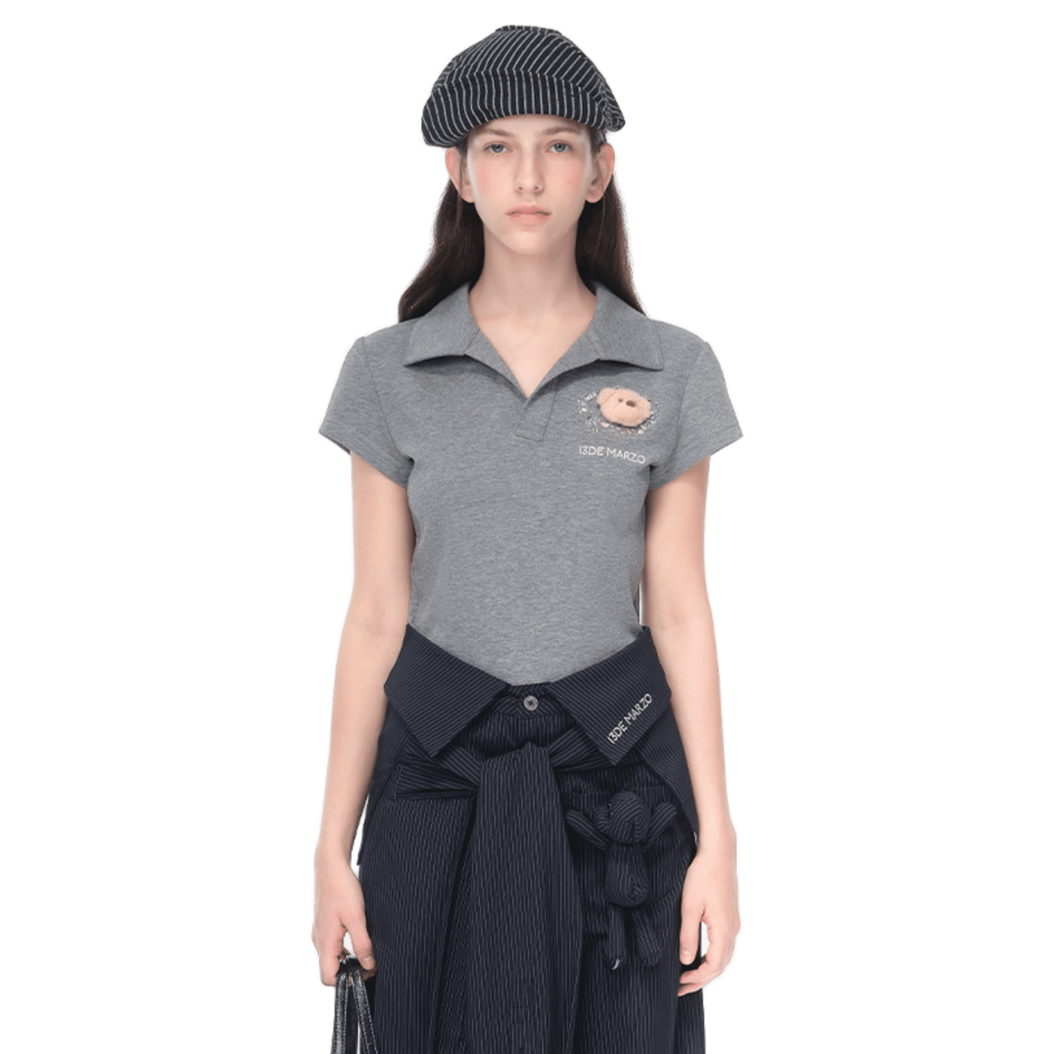 13DE MARZO Faux Rhinestones Fitted Polo Shirt in Grey | MADAX