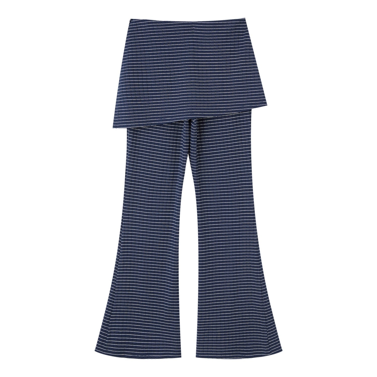SOMESOWE Faux Two - Piece Knit Striped Flared Skirt Pants in Navy Stripes | MADAX