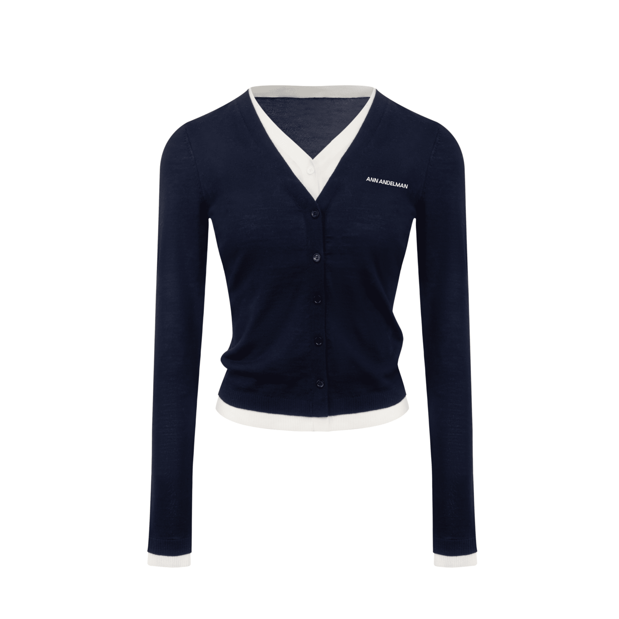 ANN ANDELMAN Faux Two - piece Knitted Long - sleeved Cardigan in Dark Blue | MADAX