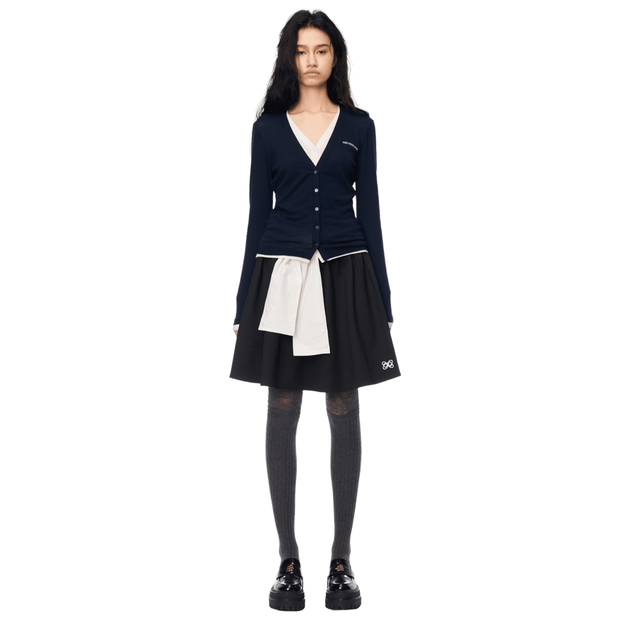 ANN ANDELMAN Faux Two - piece Knitted Long - sleeved Cardigan in Dark Blue | MADAX