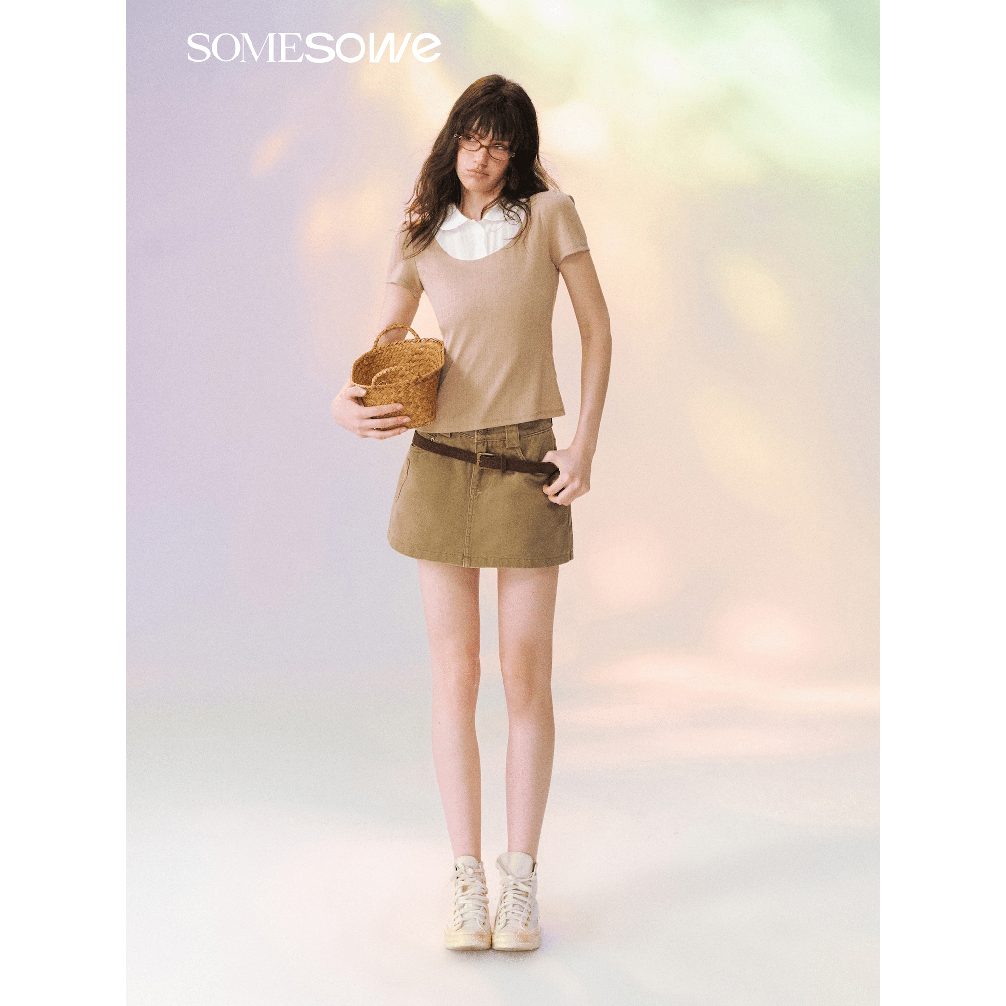 SOMESOWE Faux Two-piece Peter Pan Collar Short-sleeved T-shirt in Brown and White | MADAX