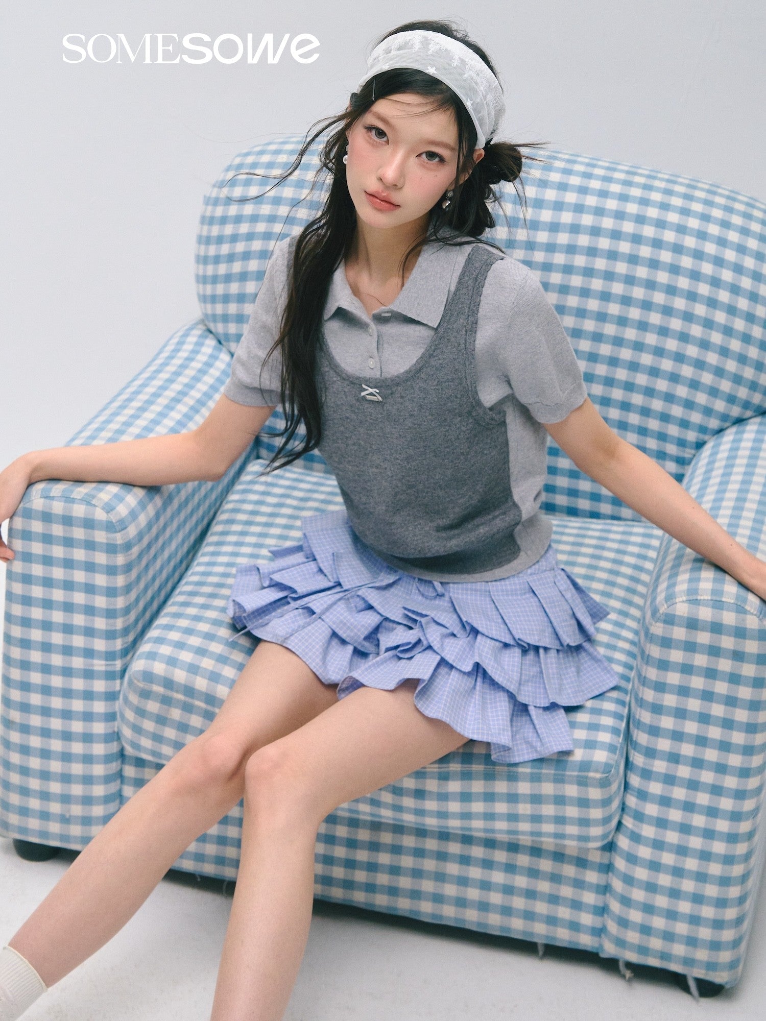 SOMESOWE Faux Two - Piece Polo Collar Short - Sleeve Sweater In Grey | MADAX