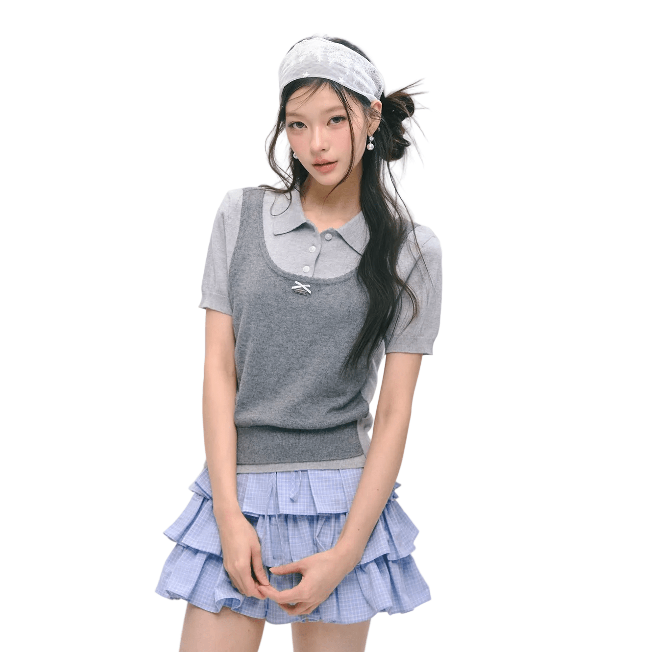 SOMESOWE Faux Two - Piece Polo Collar Short - Sleeve Sweater In Grey | MADAX