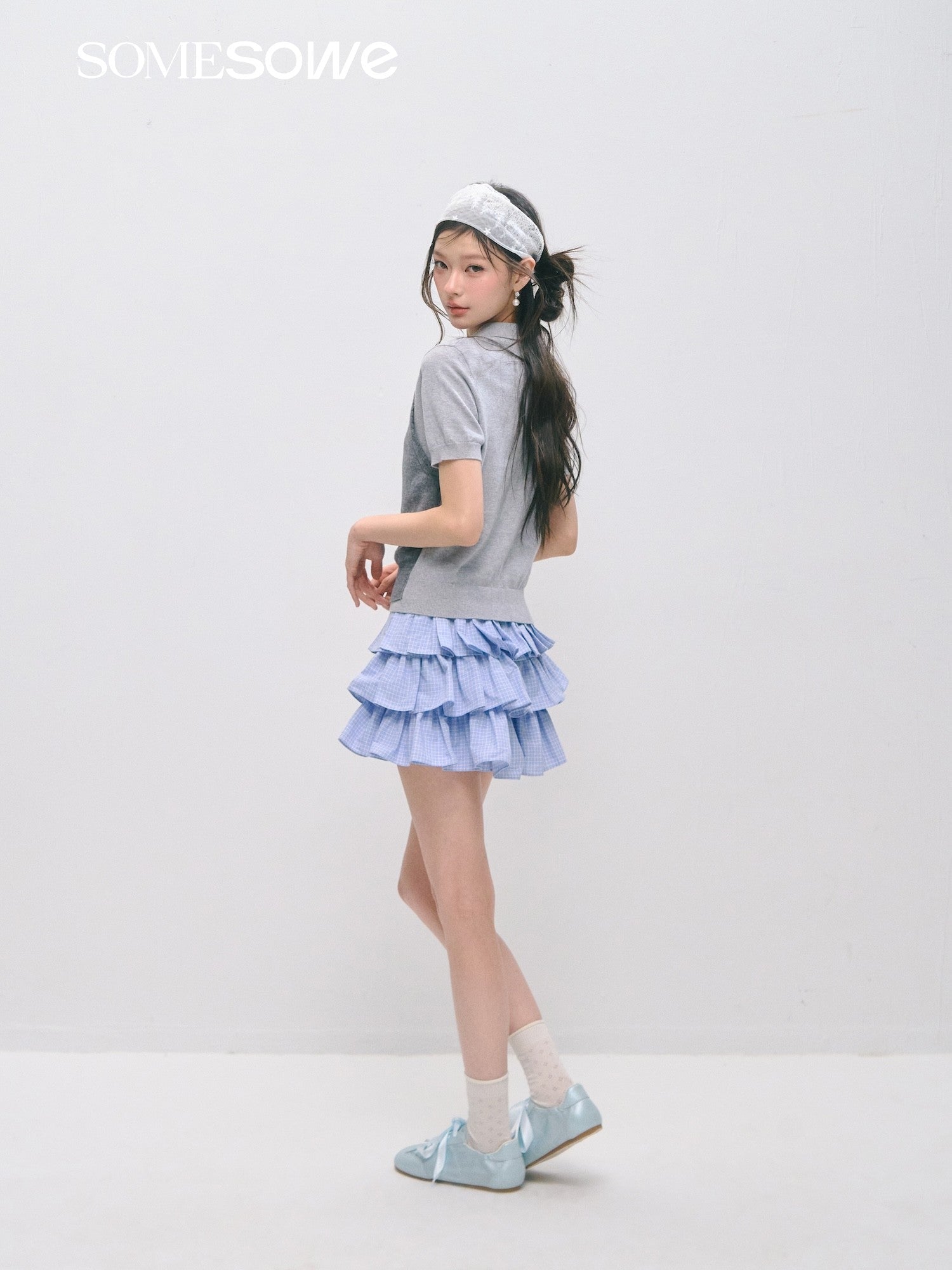 SOMESOWE Faux Two - Piece Polo Collar Short - Sleeve Sweater In Grey | MADAX