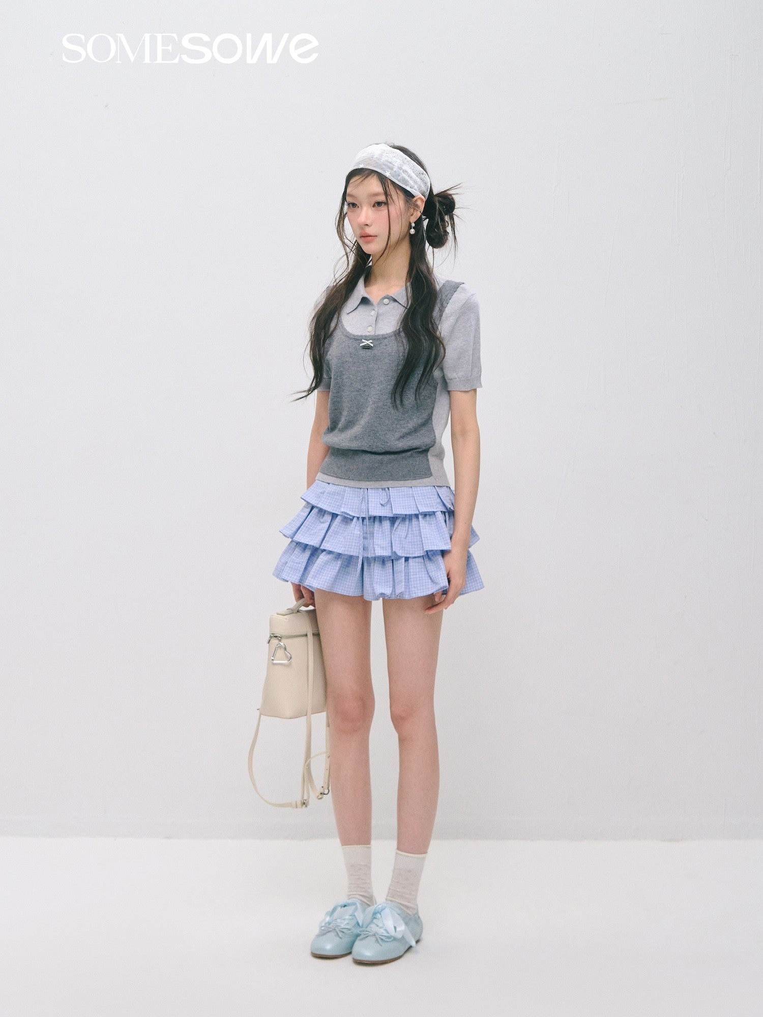 SOMESOWE Faux Two - Piece Polo Collar Short - Sleeve Sweater In Grey | MADAX