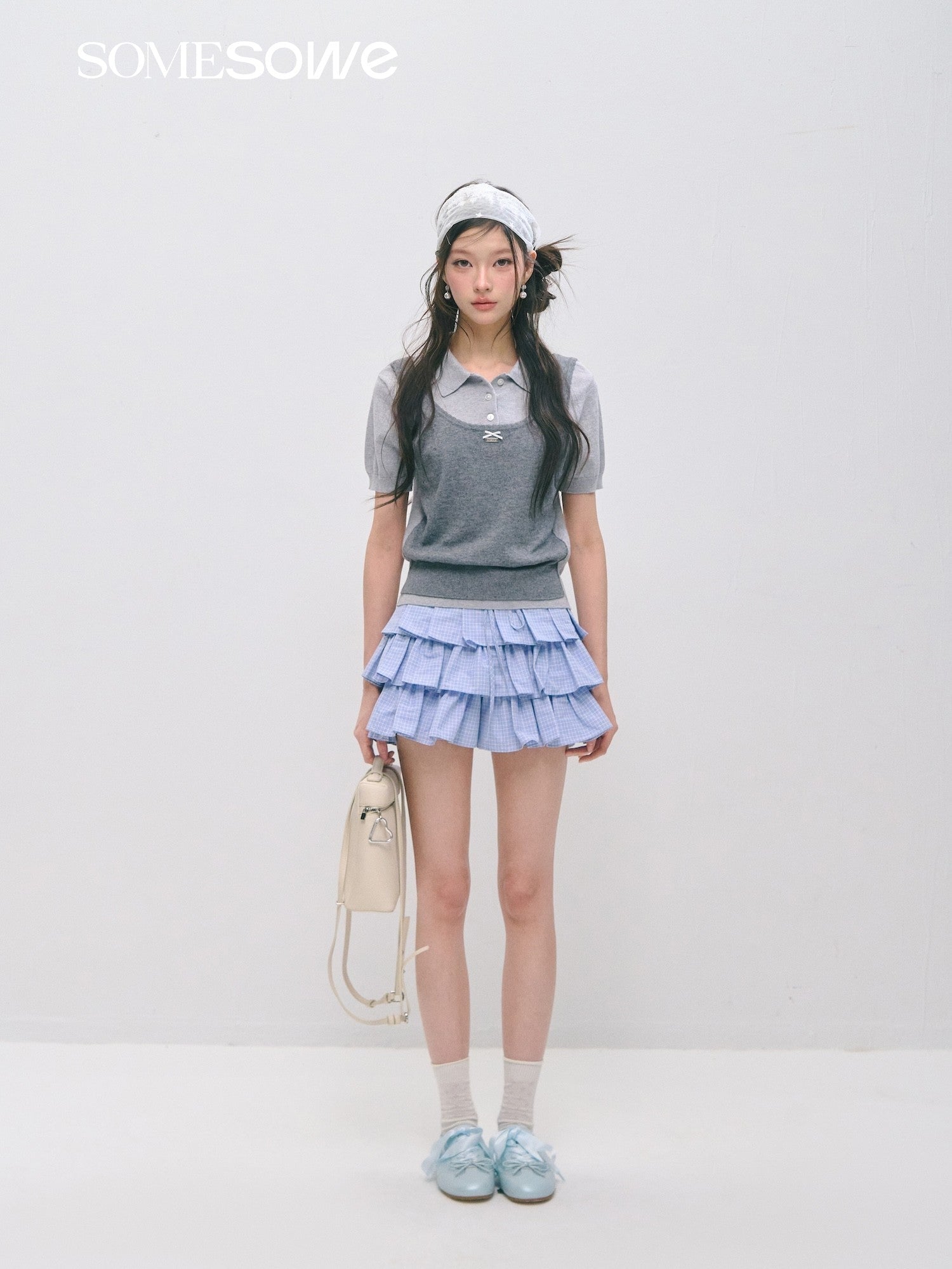 SOMESOWE Faux Two - Piece Polo Collar Short - Sleeve Sweater In Grey | MADAX