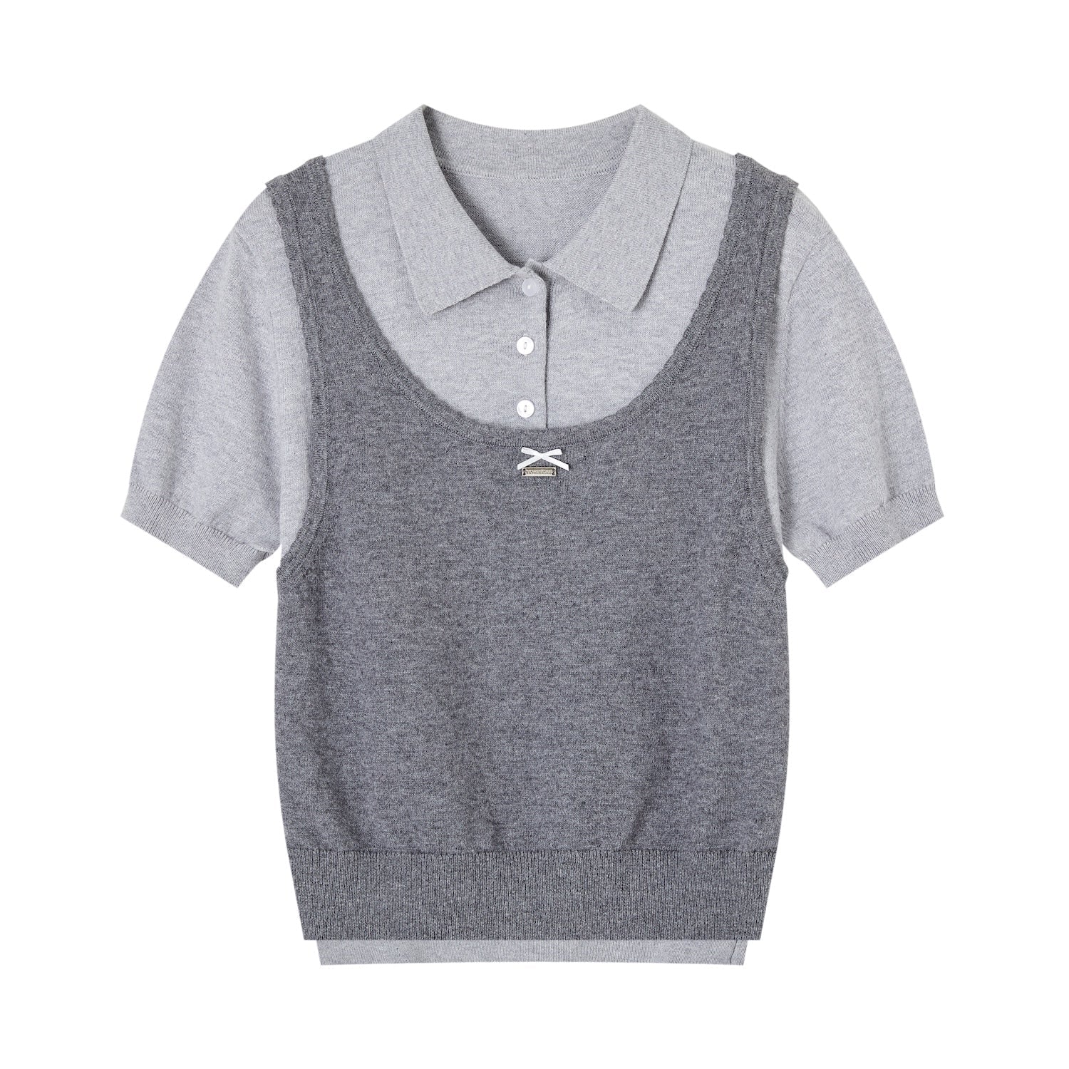 SOMESOWE Faux Two - Piece Polo Collar Short - Sleeve Sweater In Grey | MADAX