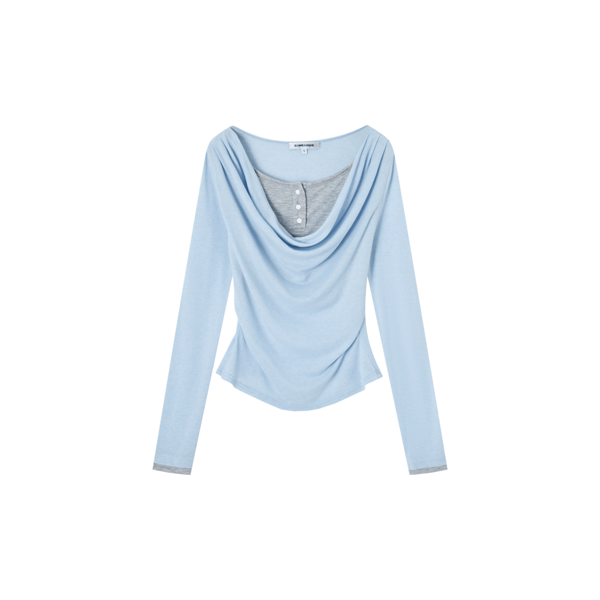 SOMESOWE Faux Two - piece Turtleneck Fitted Waist Long - sleeved T-shirt in Light Blue | MADAX