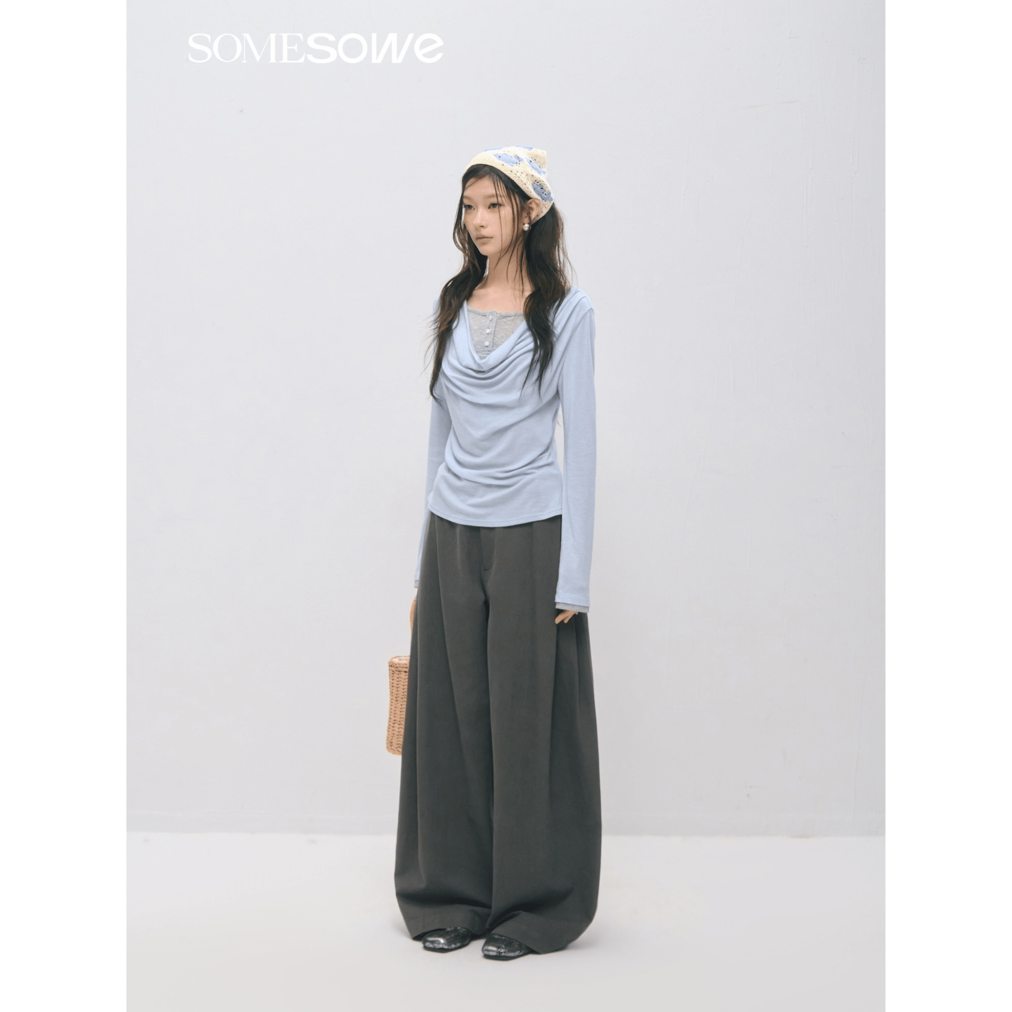 SOMESOWE Faux Two - piece Turtleneck Fitted Waist Long - sleeved T-shirt in Light Blue | MADAX