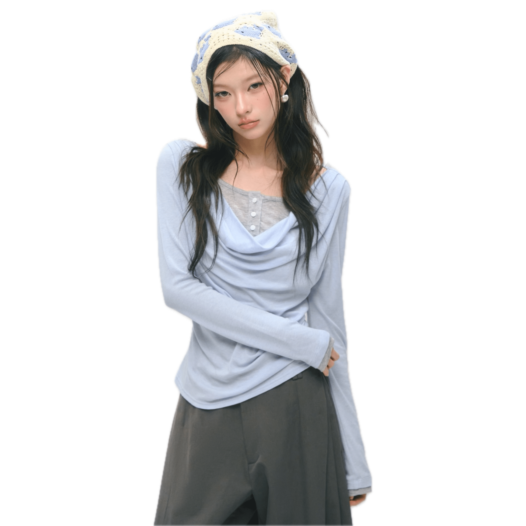 SOMESOWE Faux Two - piece Turtleneck Fitted Waist Long - sleeved T-shirt in Light Blue | MADAX