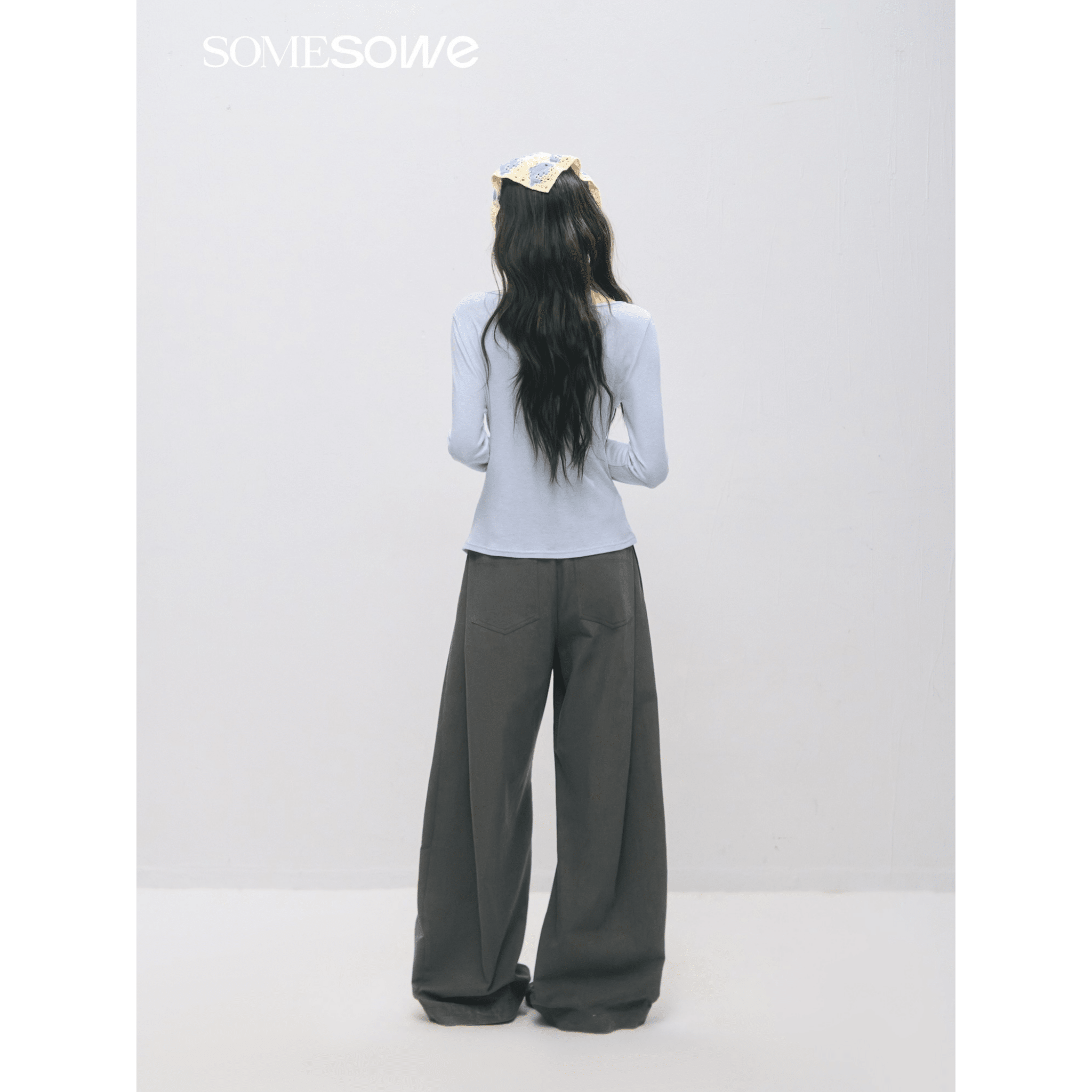 SOMESOWE Faux Two - piece Turtleneck Fitted Waist Long - sleeved T-shirt in Light Blue | MADAX