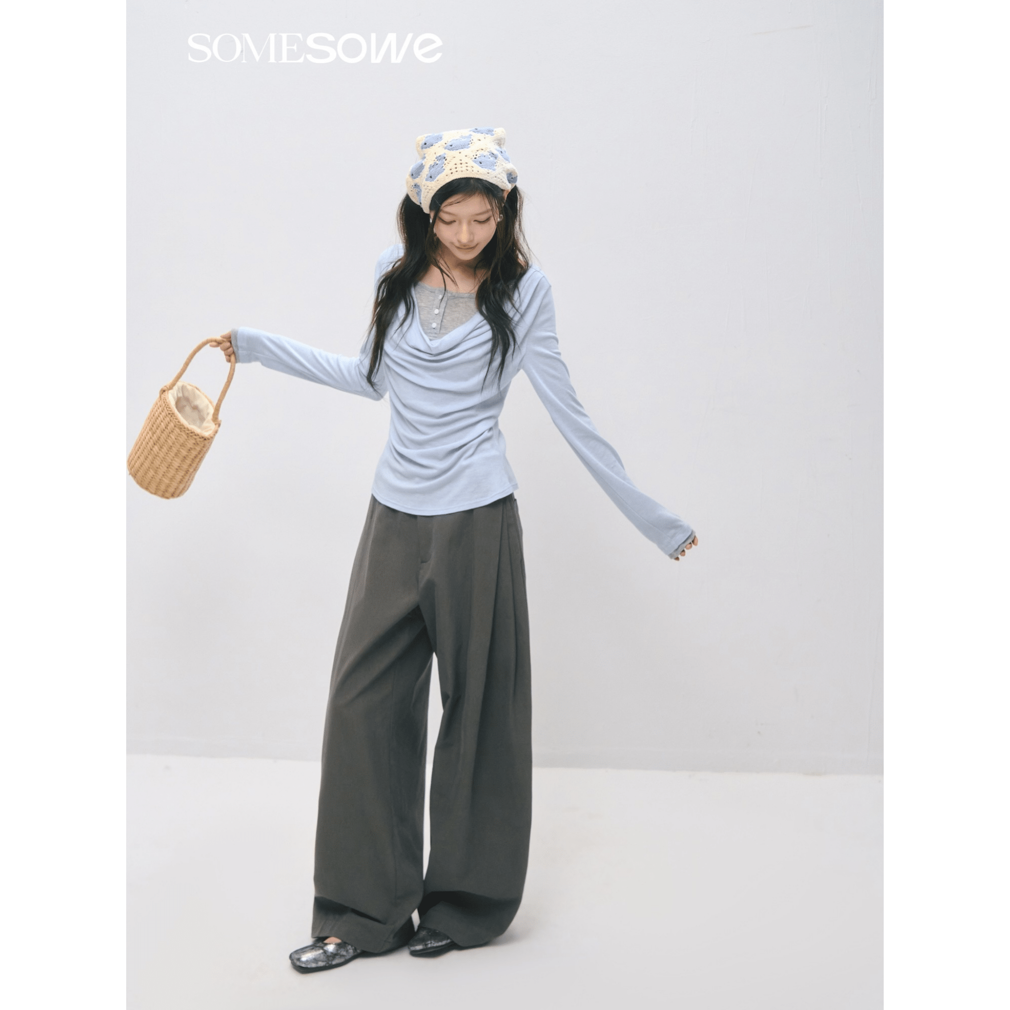 SOMESOWE Faux Two - piece Turtleneck Fitted Waist Long - sleeved T-shirt in Light Blue | MADAX