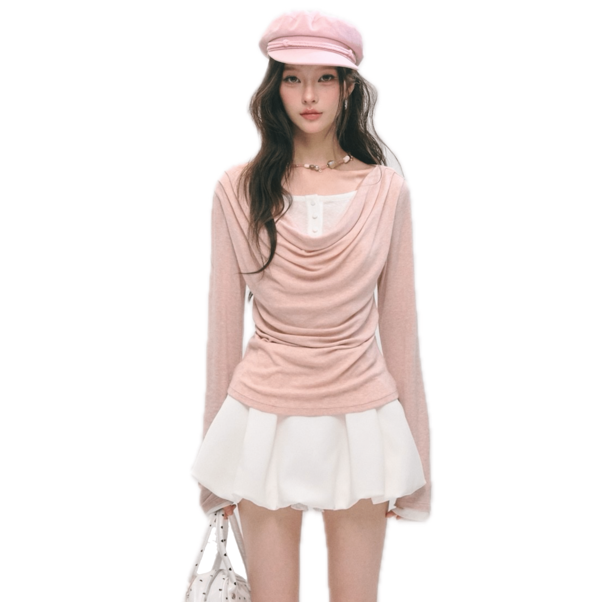 SOMESOWE Faux Two - piece Turtleneck Fitted Waist Long - sleeved T-shirt in Pink | MADAX