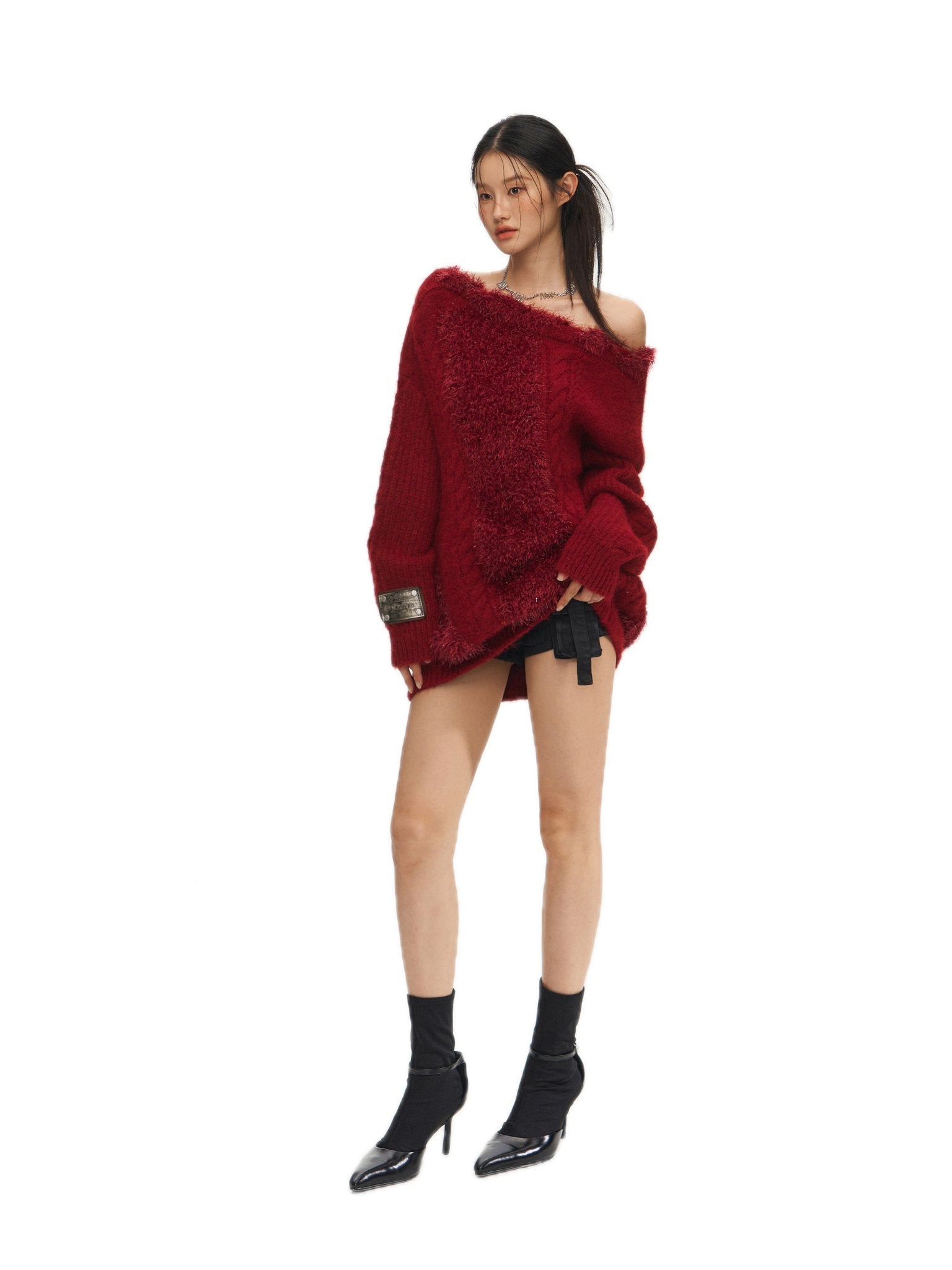 NAWS Feathered Yarn Off - shoulder Sweater In Red | MADAX