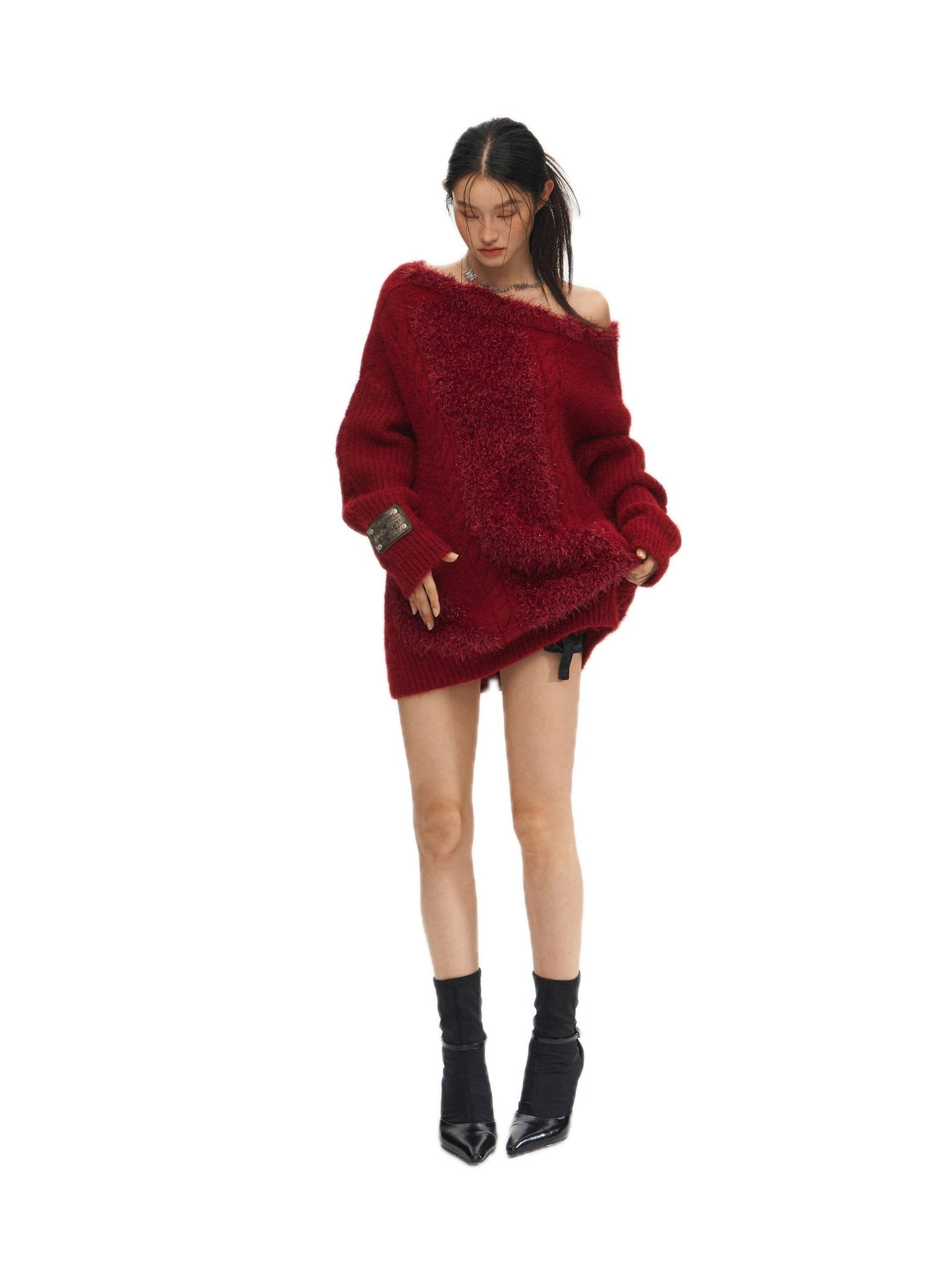 NAWS Feathered Yarn Off - shoulder Sweater In Red | MADAX