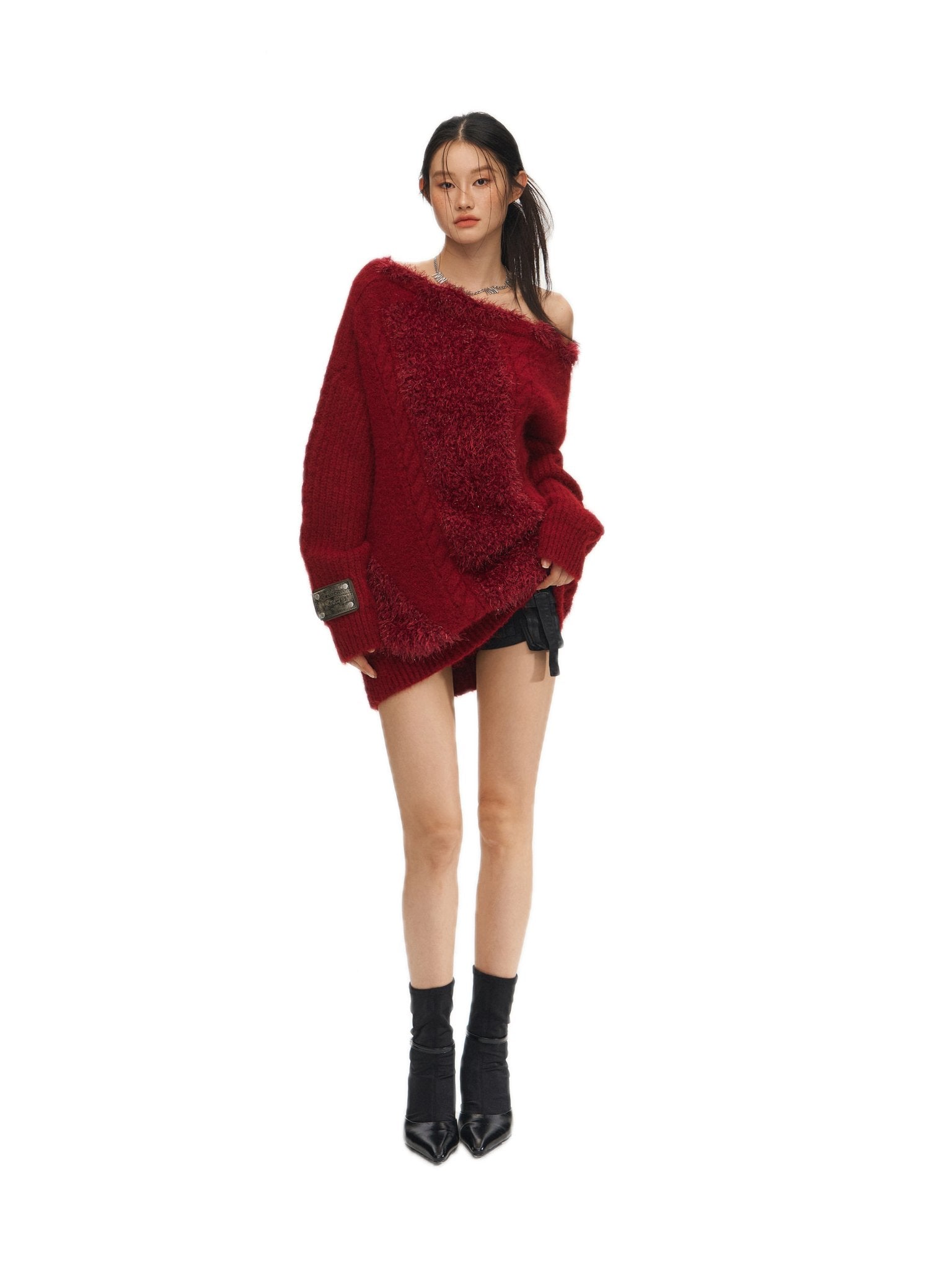 NAWS Feathered Yarn Off - shoulder Sweater In Red | MADAX