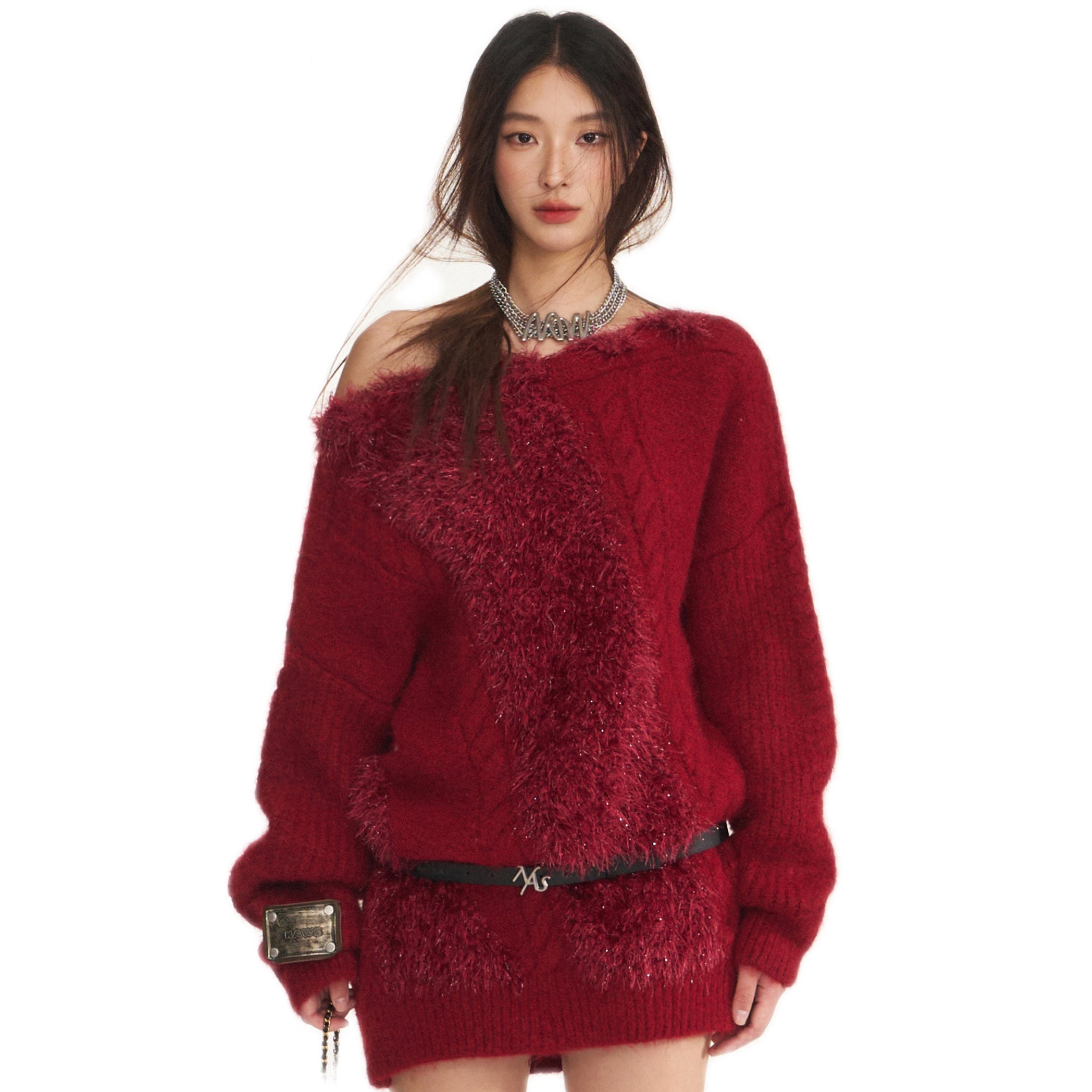 NAWS Feathered Yarn Off - shoulder Sweater In Red | MADAX