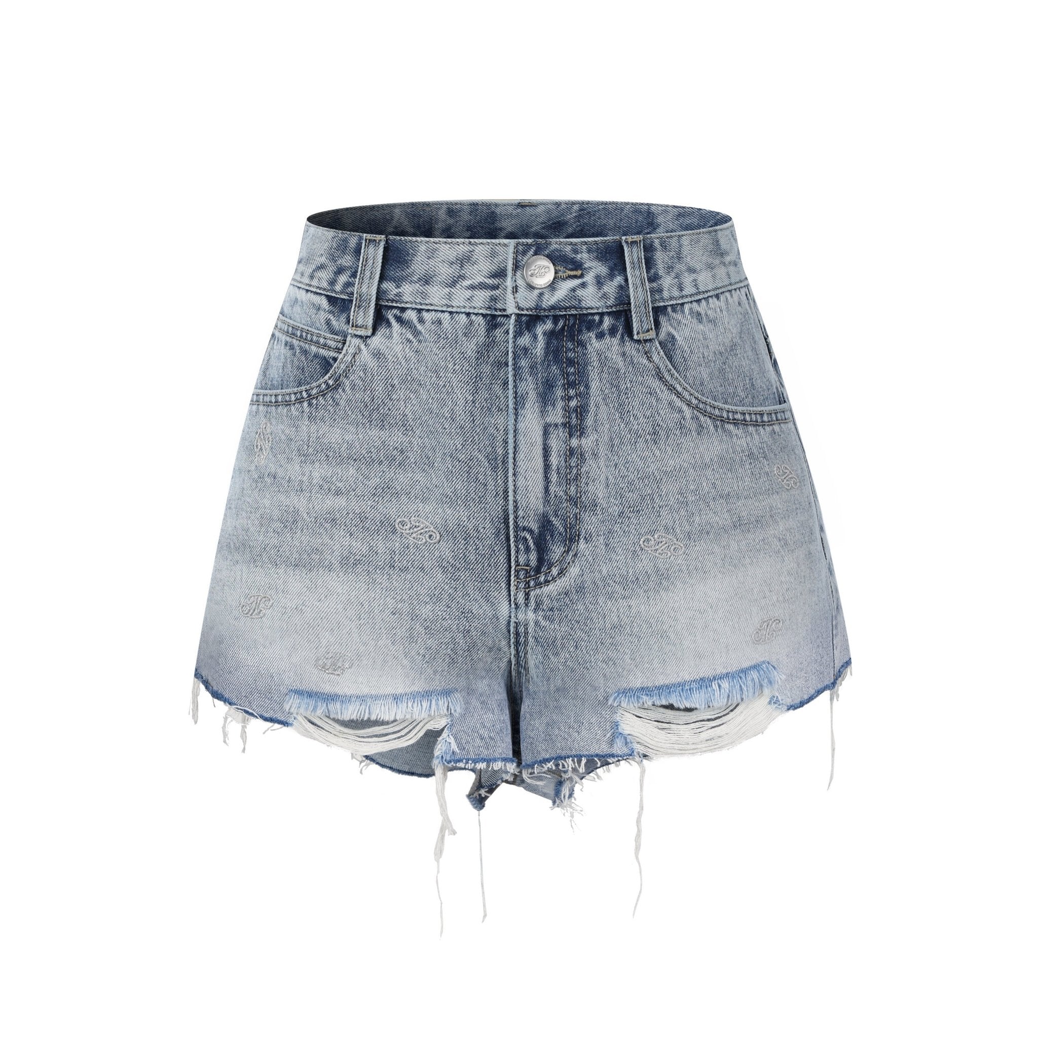 THREE QUARTERS Fine Glitter Logo Iron - On Denim Shorts Blue | MADA IN CHINA