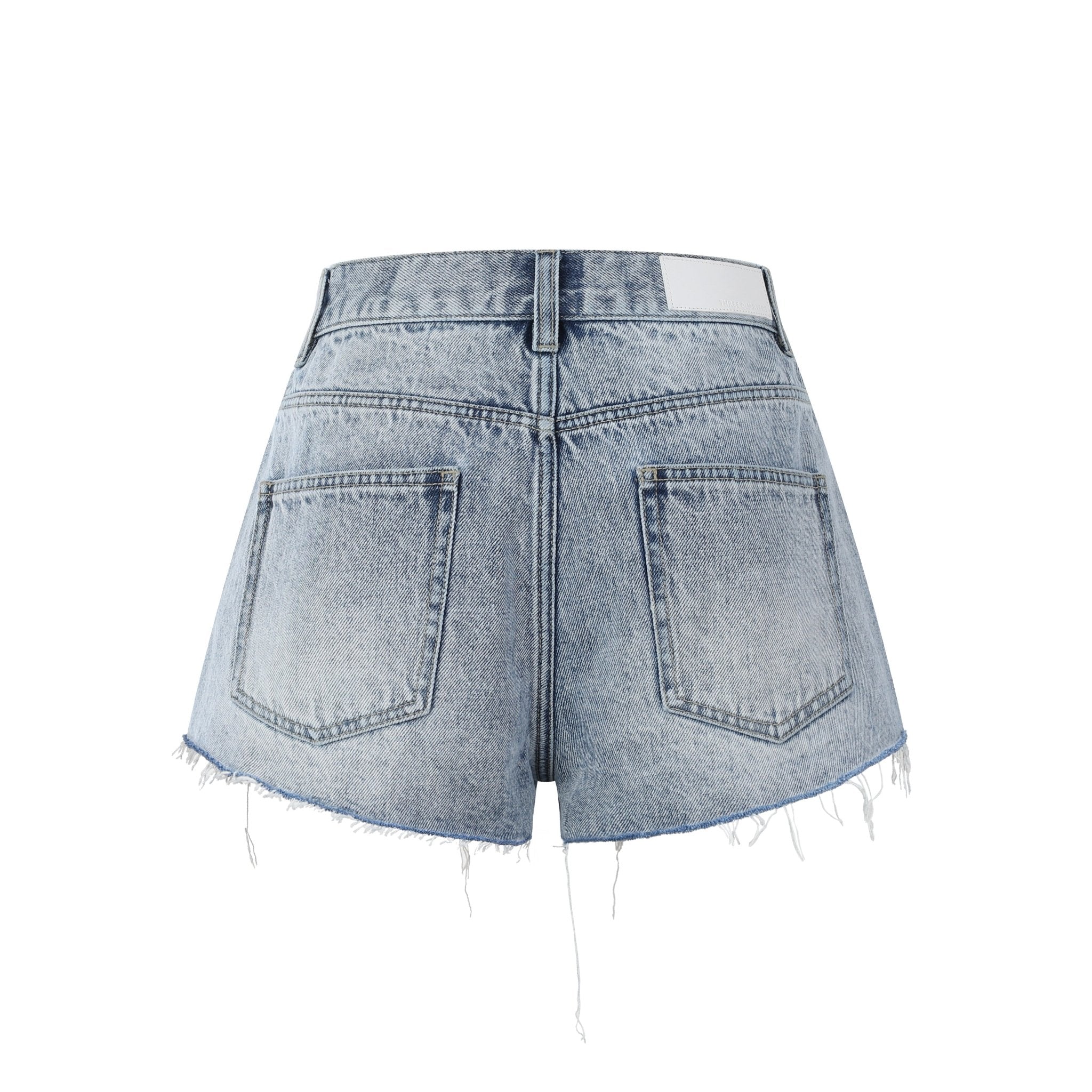 THREE QUARTERS Fine Glitter Logo Iron - On Denim Shorts Blue | MADA IN CHINA