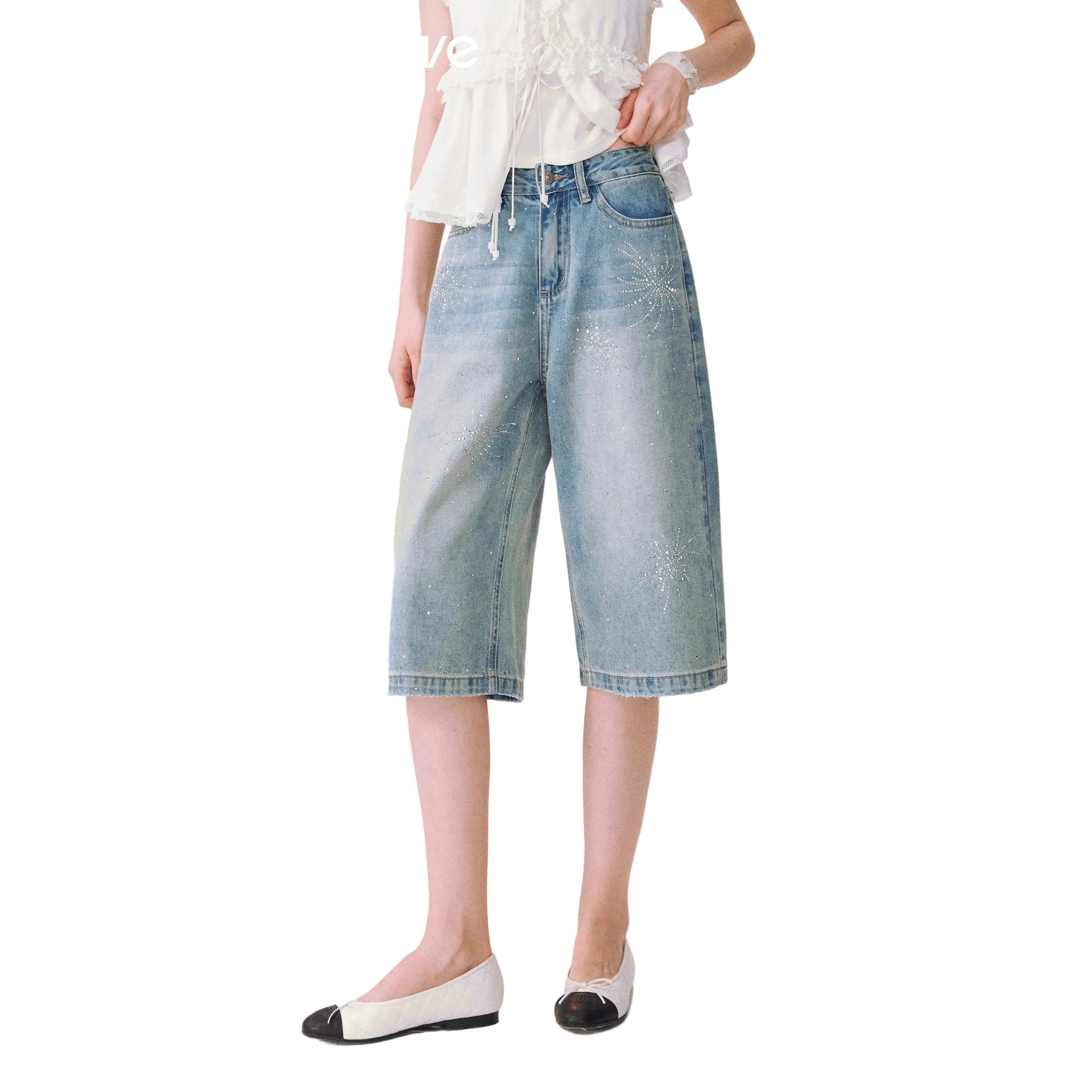 SOMESOWE Firework-themed Rhinestone Denim Shorts | MADAX